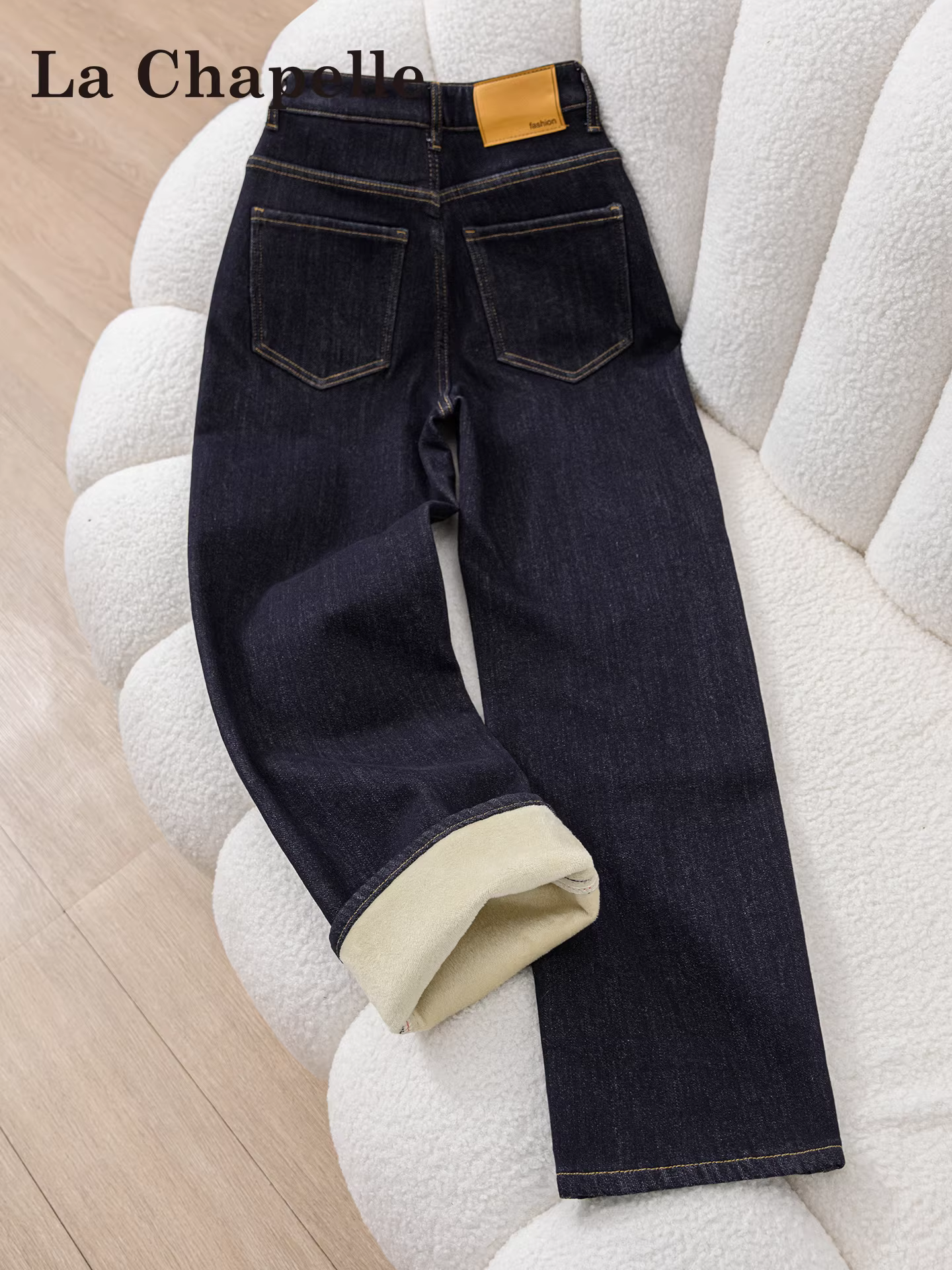 Quần jeans ống rộng dày dặn lót lông phong cách Mỹ La Chapelle dành cho nữ, mẫu mới thu đông 2025, cạp cao, dáng rộng, thẳng