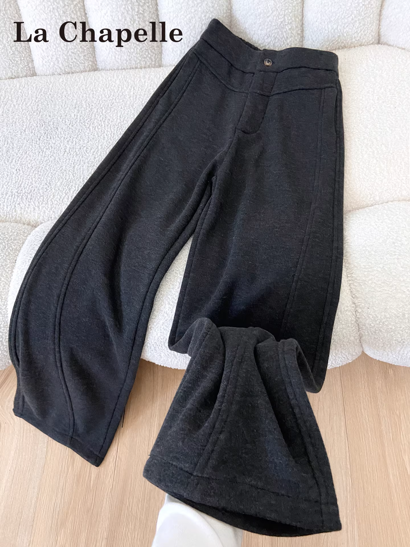 Quần ống rộng lót lông cừu màu xám La Chapelle dành cho nữ 2025 mới thu đông quần ống rộng lưng cao dáng rộng thông thường