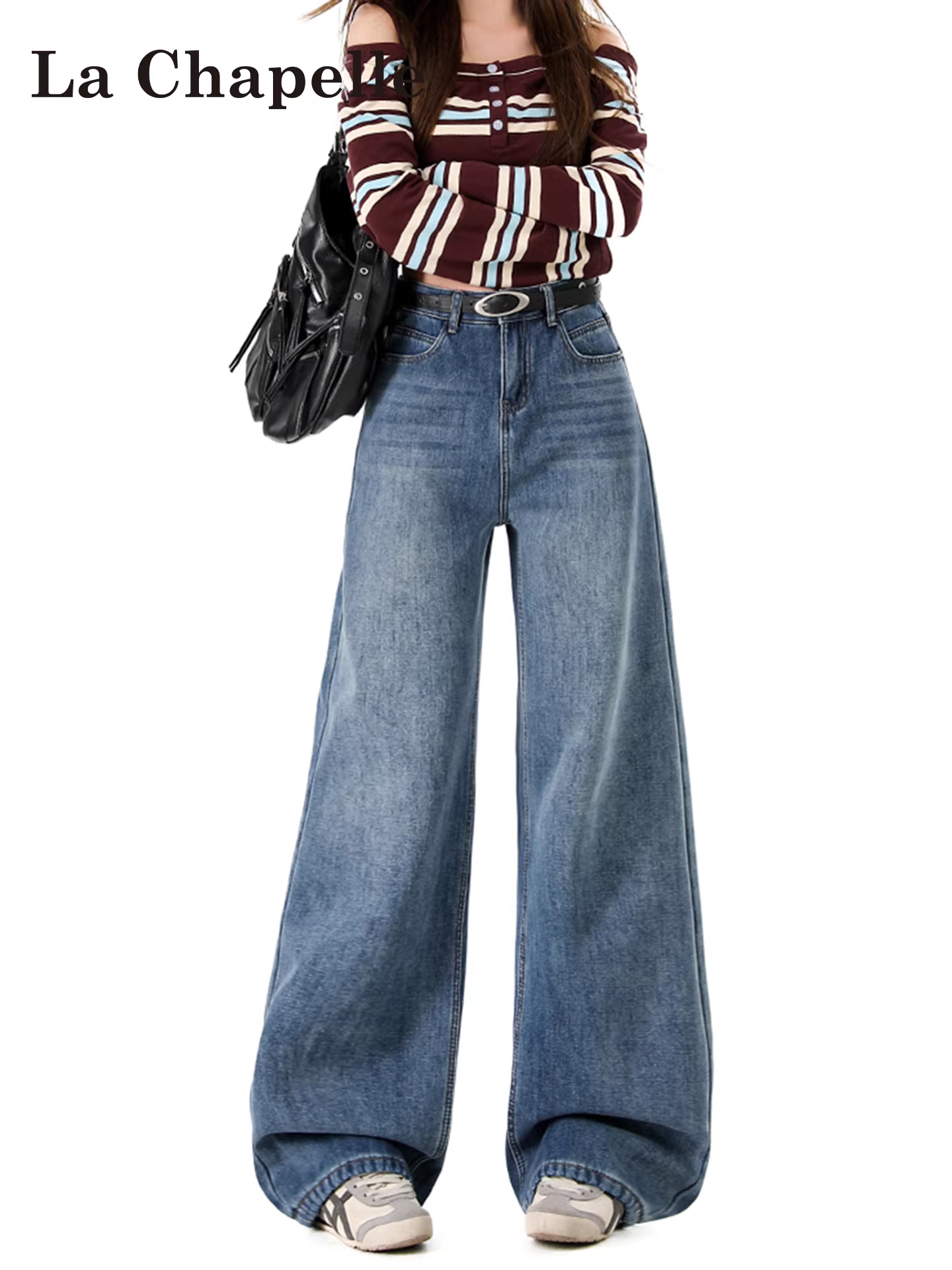 Quần jeans ống rộng lót lông dày kiểu La Chapelle dành cho nữ, mẫu mới thu đông 2025, cạp cao, dáng rộng, thẳng