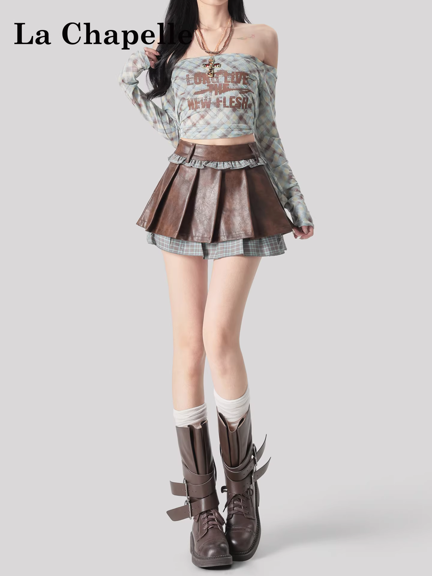 Chân váy xếp ly cao eo màu kaki La Chapelle dành cho nữ, mẫu mới thu đông 2025, kiểu hot girl, chân váy ngắn da nhỏ nhắn