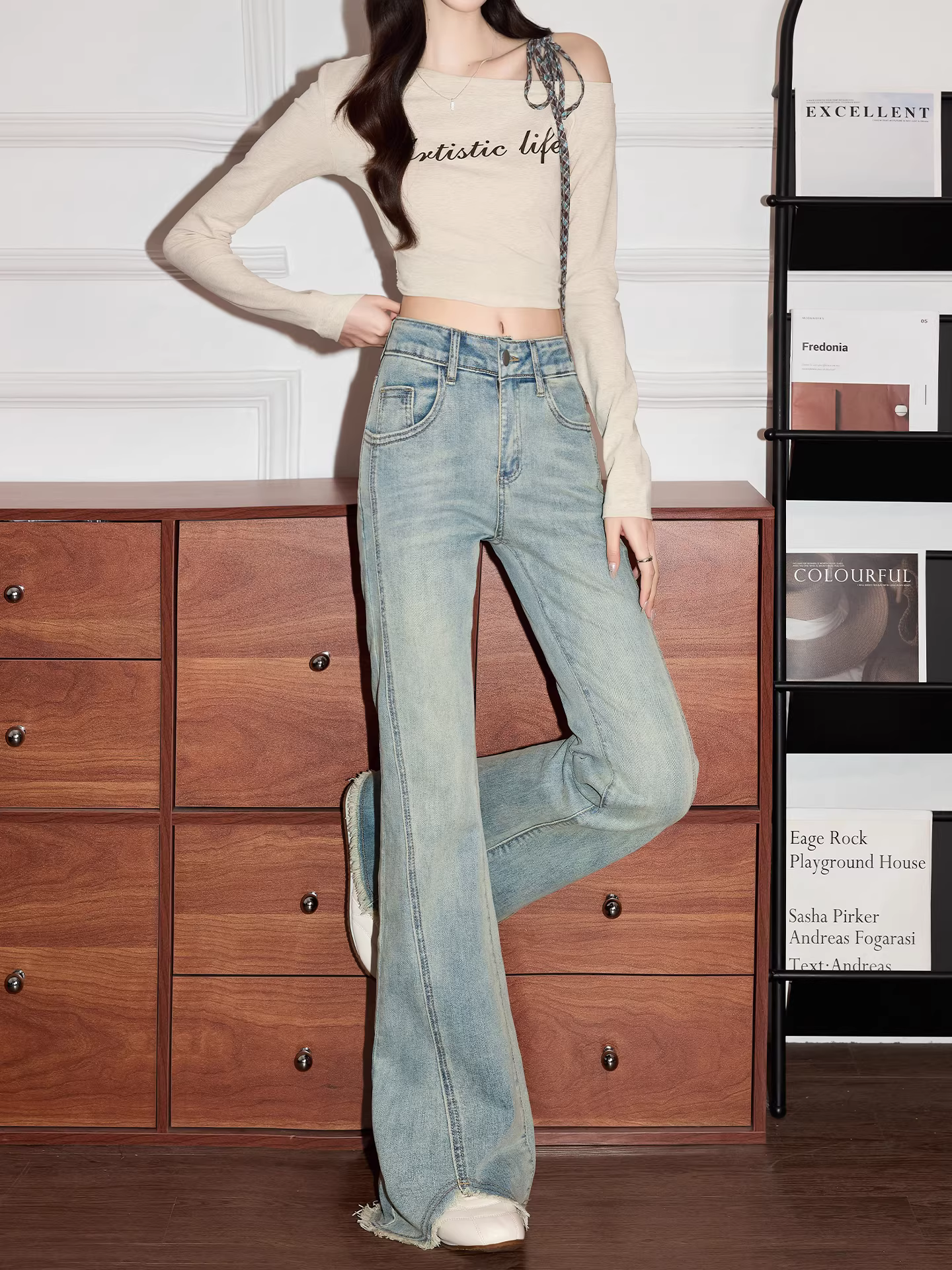 Quần jeans La Chapelle dáng ôm, vạt xéo, dành cho nữ, kiểu mới thu đông 2025, cạp cao, lót lông, quần ống loe.