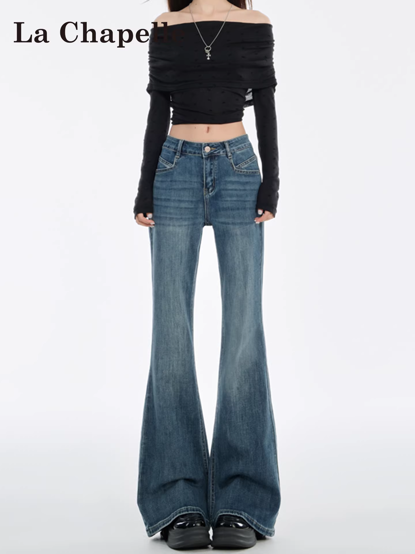 Quần jeans ống loe lót lông cừu La Chapelle dành cho nữ, mẫu mới thu đông 2025, cạp cao, dáng ôm, kiểu chuông, dành cho người nhỏ nhắn