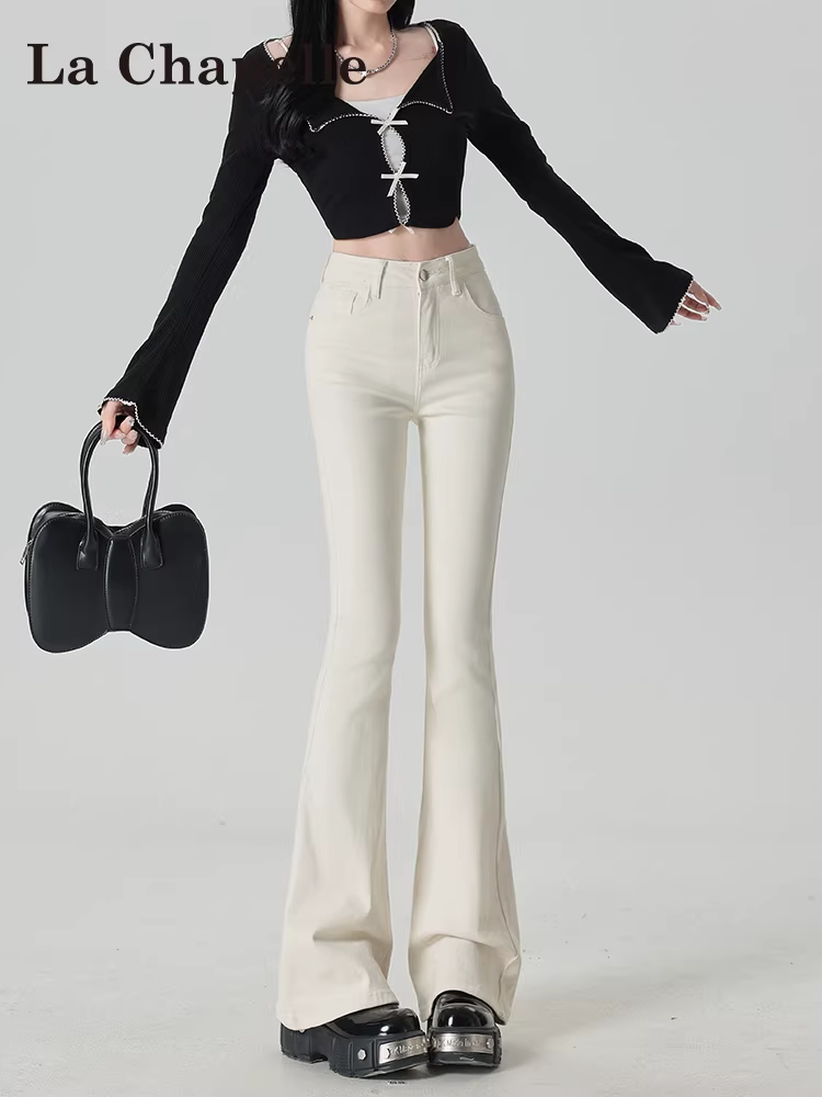 Quần jeans ống loe lót lông trắng La Chapelle dành cho nữ, mẫu mới thu đông 2025, cạp cao, ôm dáng, kiểu bootcut