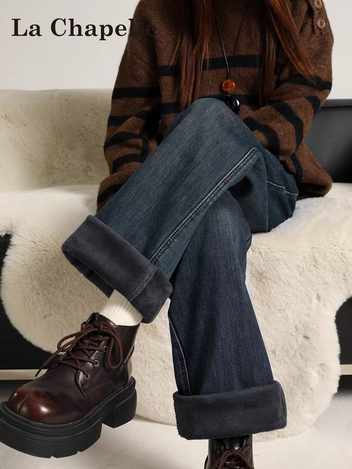 Quần jeans ống rộng lót lông La Chapelle dành cho nữ, mẫu mới thu đông 2025, dày dặn, rộng rãi, cạp cao, dáng thẳng, dành cho người nhỏ nhắn