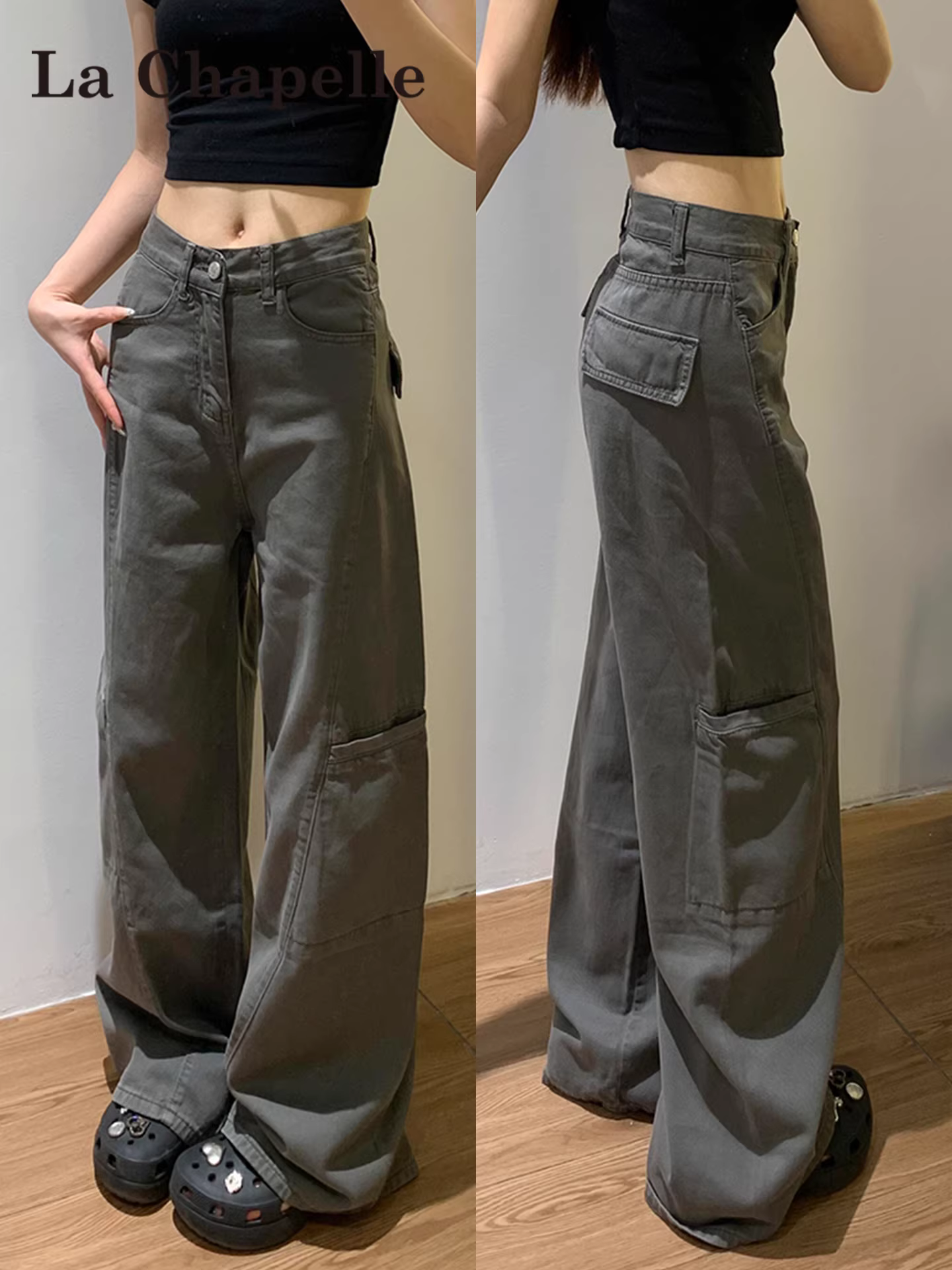 Quần cargo denim ống rộng kiểu Mỹ màu xám La Chapelle dành cho nữ, mẫu mới thu đông 2025, cạp cao, lót lông cừu, dáng thẳng