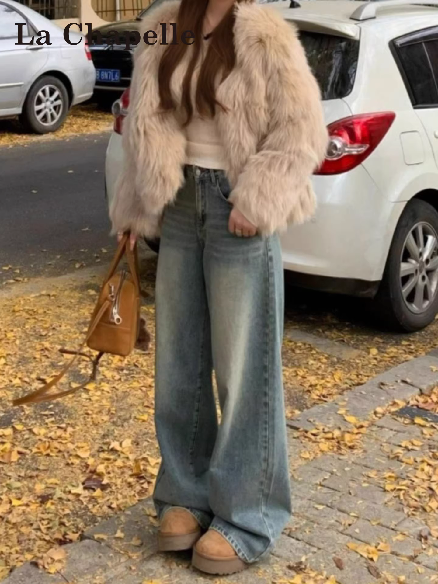 Quần jeans ống rộng dáng suông lót lông cừu La Chapelle cổ điển dành cho nữ, mẫu mới thu đông 2025, cạp cao, dáng rộng