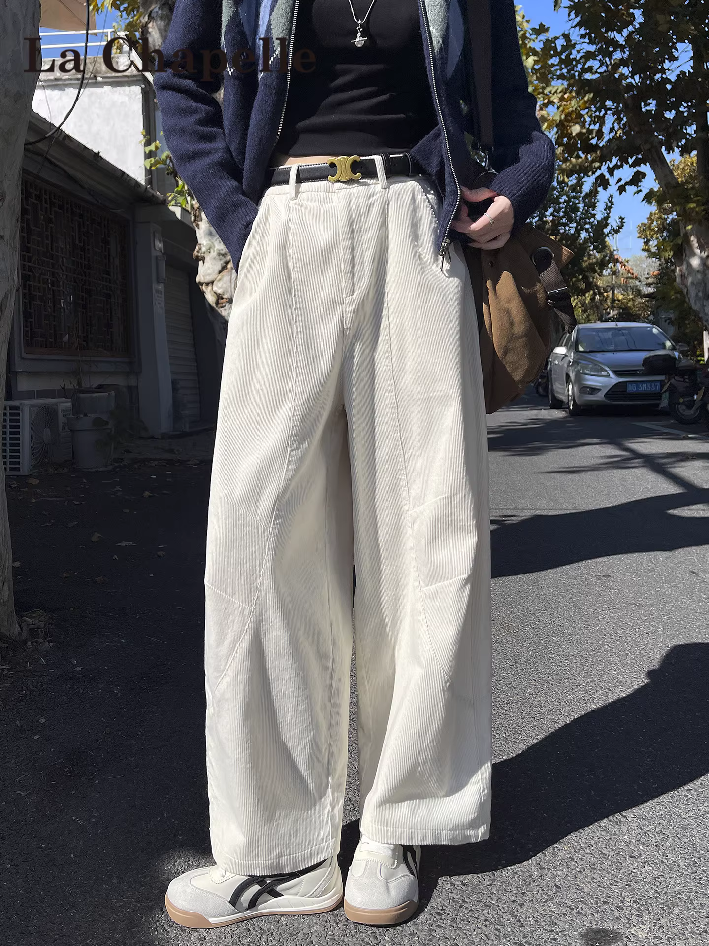 Quần ống rộng lót lông cừu trắng La Chapelle dành cho nữ 2025, quần ống đứng chất liệu nhung tăm, dáng rộng, dài chín phần, mùa thu đông mới