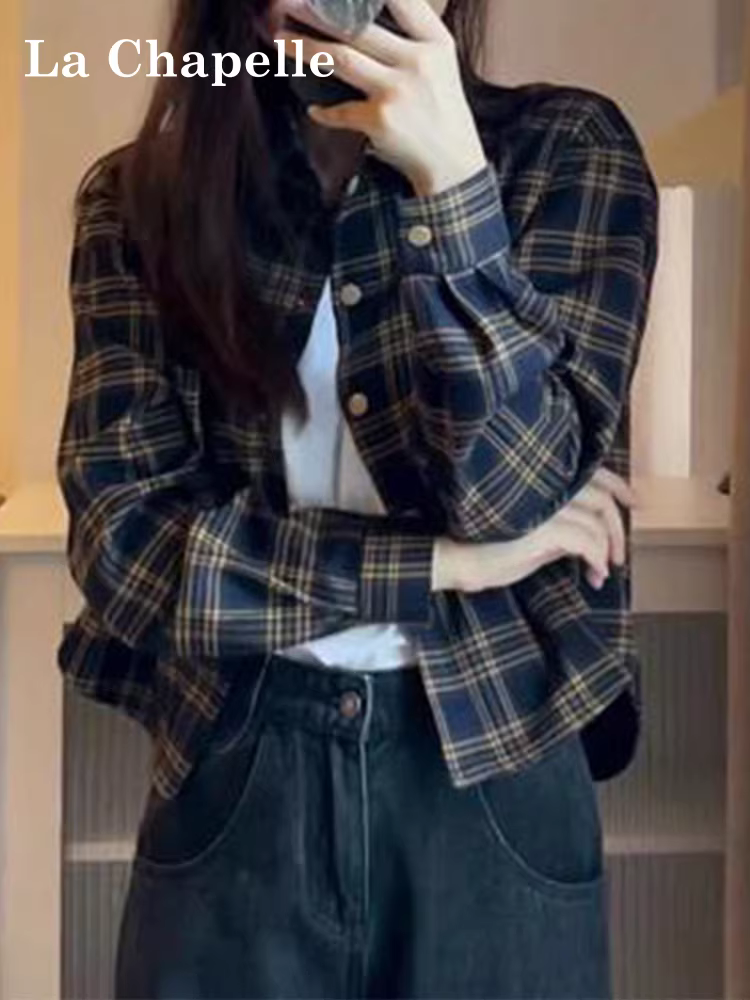 Áo sơ mi dài tay kẻ caro La Chapelle kiểu retro dành cho nữ, mẫu mới thu đông 2025, dáng rộng, cao cấp, kiểu cardigan