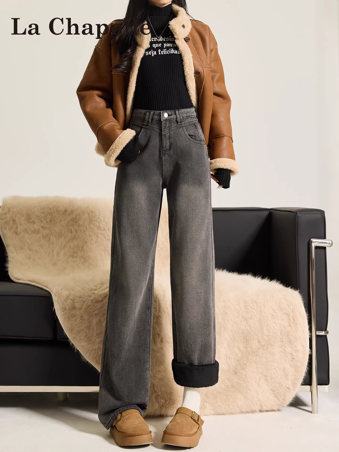 Quần jeans ống rộng dày dặn lót lông màu xám La Chapelle dành cho nữ, mẫu mới thu đông 2025, dáng nhỏ nhắn, cạp cao, ống thẳng