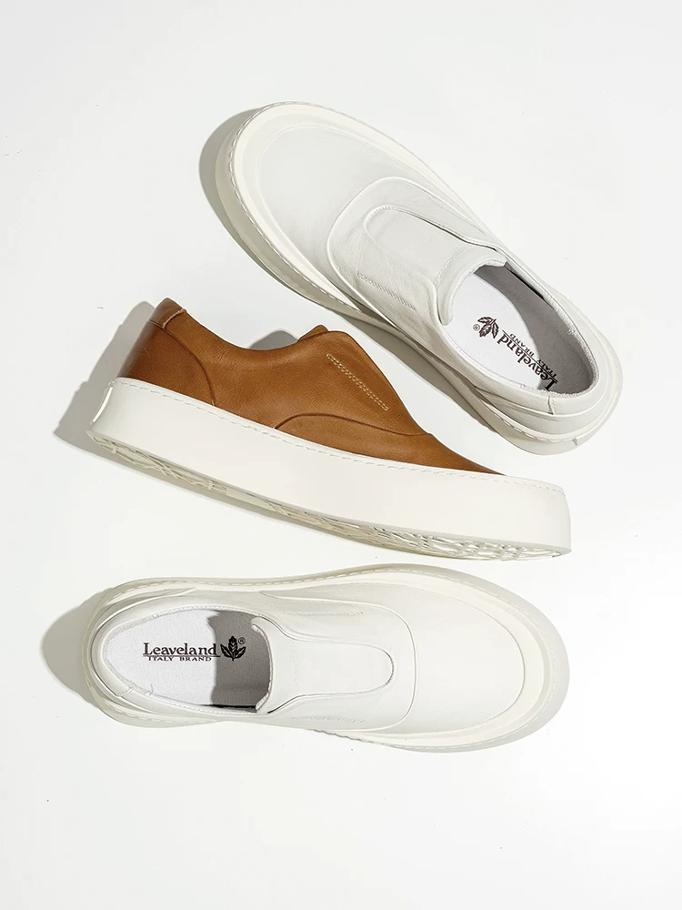 Giày nam Maple Leaf Da thật Giày trắng Giày đế dày đa năng cho nam Giày lười đế dày Giày thể thao tăng chiều cao Giày trắng cổ điển
