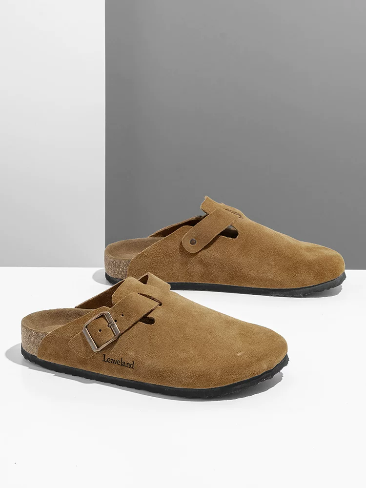 Giày nam Maple Leaf mùa thu, giày Birkenstock nam 2025, dép lê đế bằng mũi kín da thật, giày nam nửa xỏ thời trang