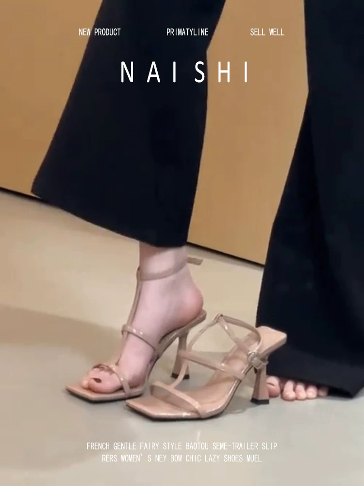 Phiên bản da cừu! Dép quai ngang mũi vuông, giày cao gót màu nude thanh lịch, gót nhọn, dép La Mã quai chữ T dành cho nữ.
