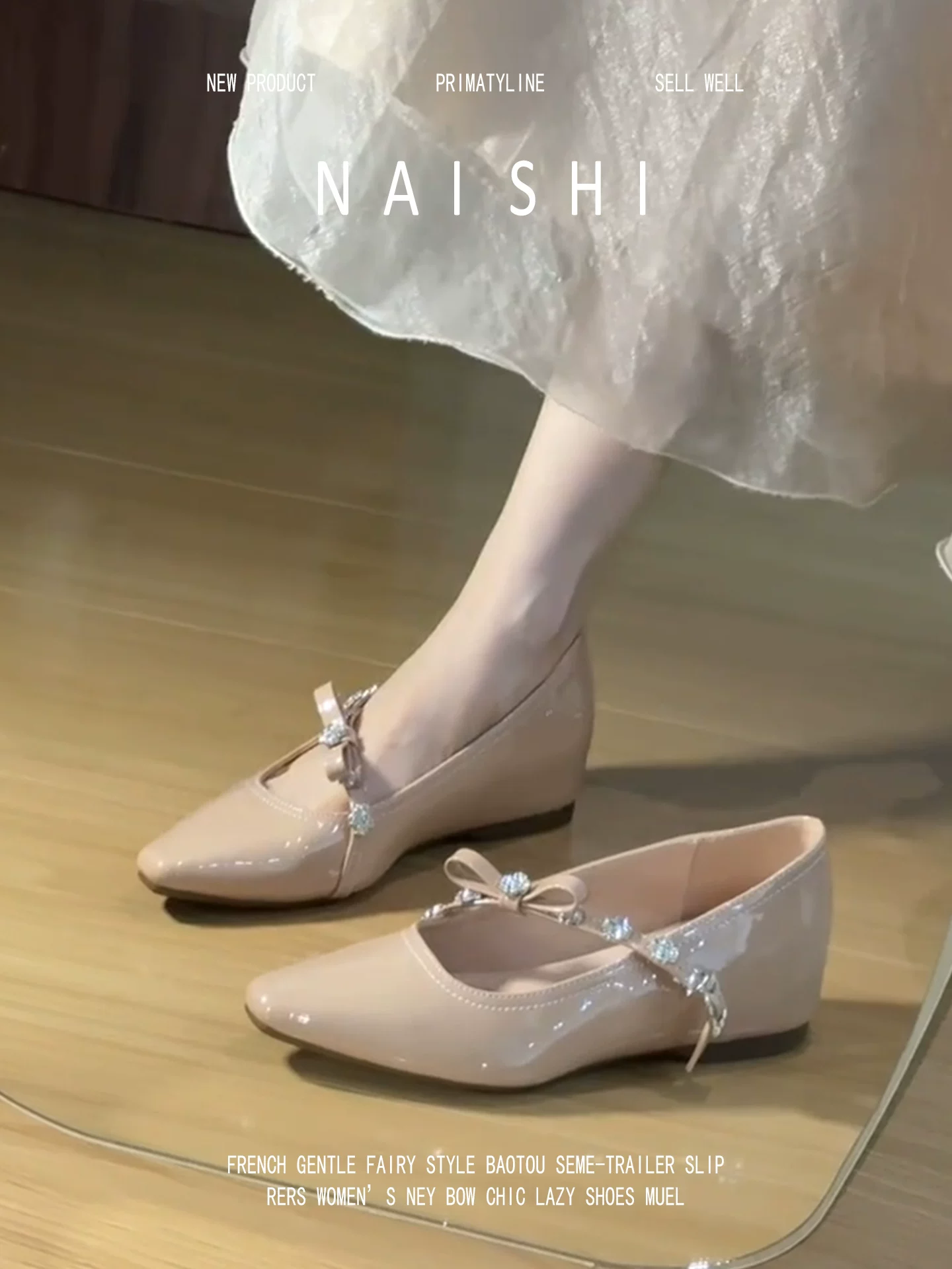 Phiên bản da cừu! Giày Mary Jane màu nude có nơ đính đá, quai đơn, gót ẩn, giày dạ hội, miệng nông, giày bệt thanh lịch.