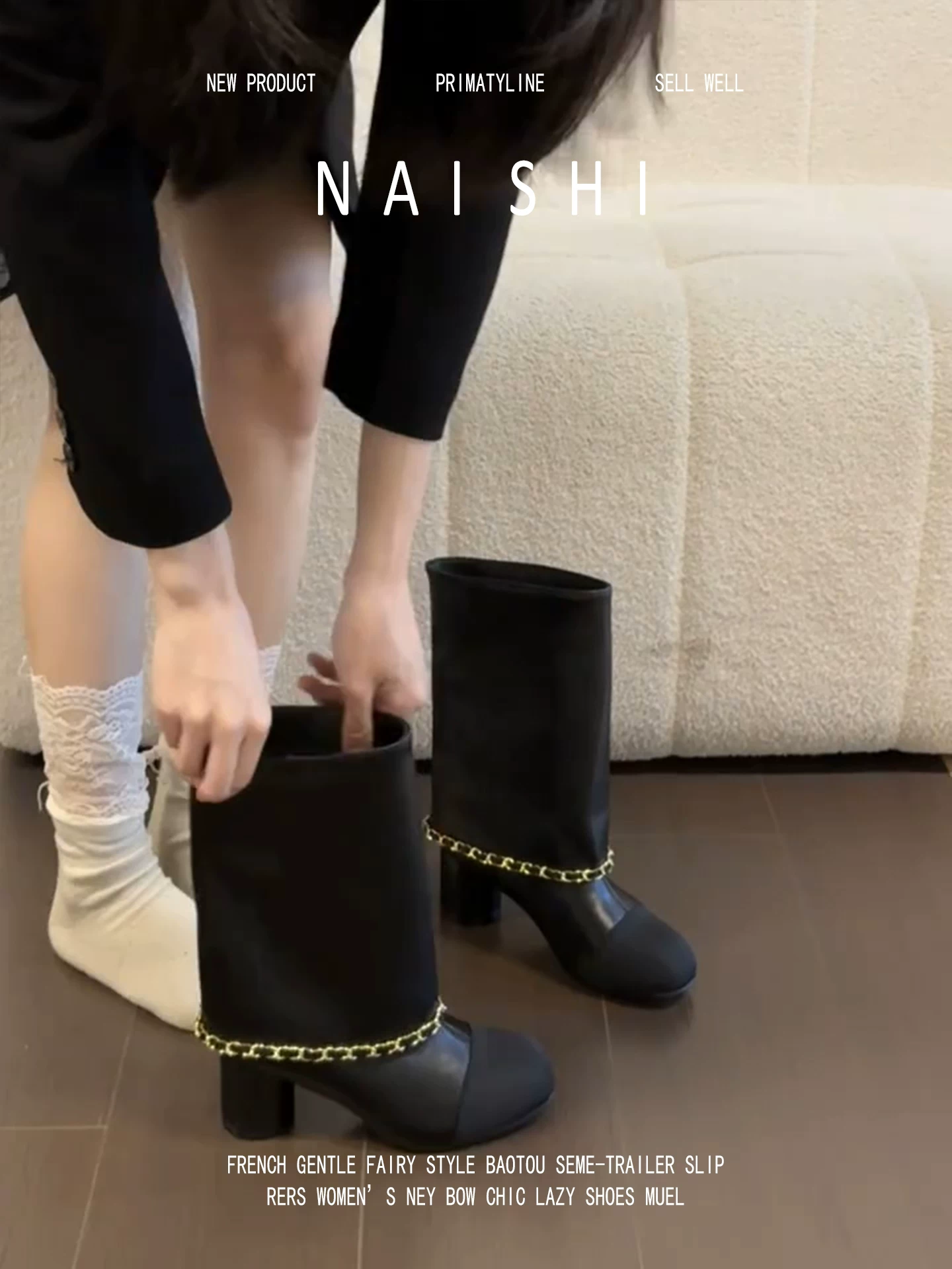 Phiên bản da cừu! Giày bốt kiểu Chanel phối màu dây xích dành cho nữ, gót dày, mũi tròn, kiểu bốt cưỡi ngựa, bốt cao đến giữa bắp chân màu đen.