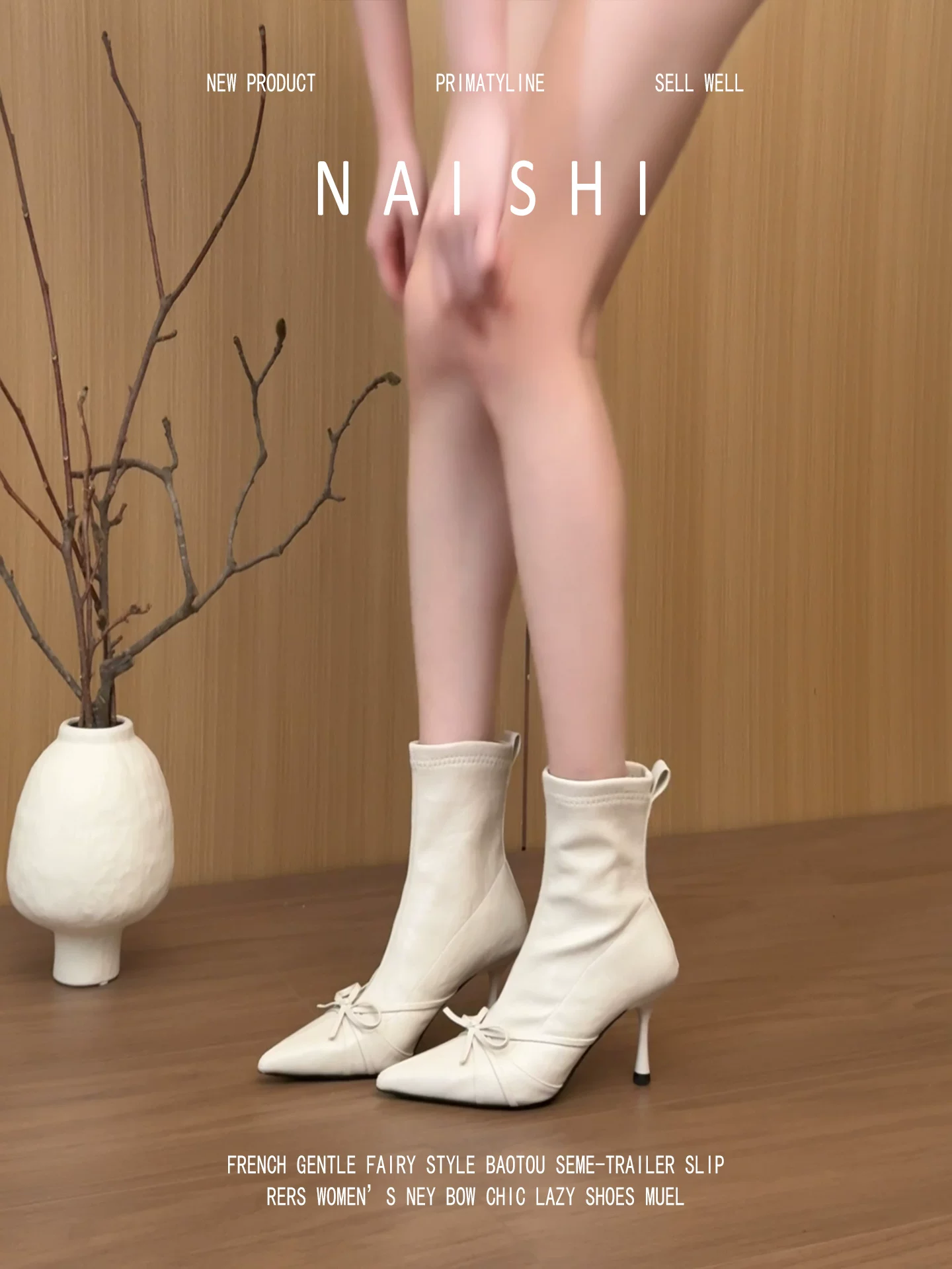 Phiên bản da cừu! Giày bốt ngắn kiểu Hàn Quốc dành cho nữ, mũi nhọn, nơ, bốt thun trắng ôm sát, bốt cao gót thanh lịch.