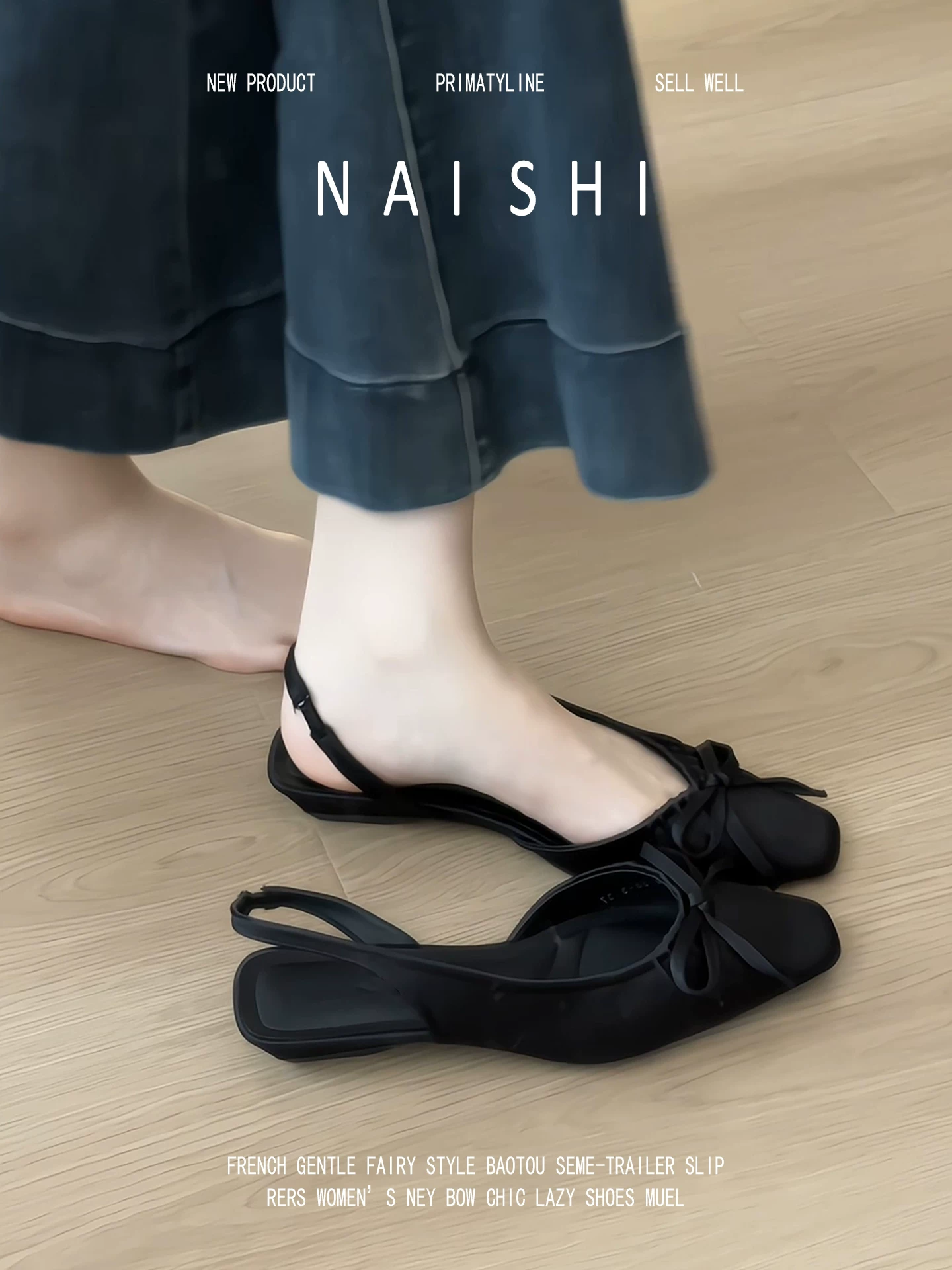 Phiên bản da cừu! Dép quai ngang bằng vải satin Pháp dành cho nữ, mũi vuông, nơ xếp ly thanh lịch, giày cao gót thấp màu đen không có gót.