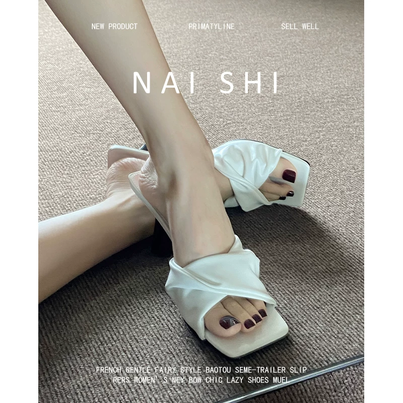 Phiên bản da cừu! Dép xỏ ngón kiểu Pháp thanh lịch dành cho nữ, mặc ngoài trời mùa hè, mũi vuông, hở mũi, giày cao gót, gót nhọn, dép xếp ly.