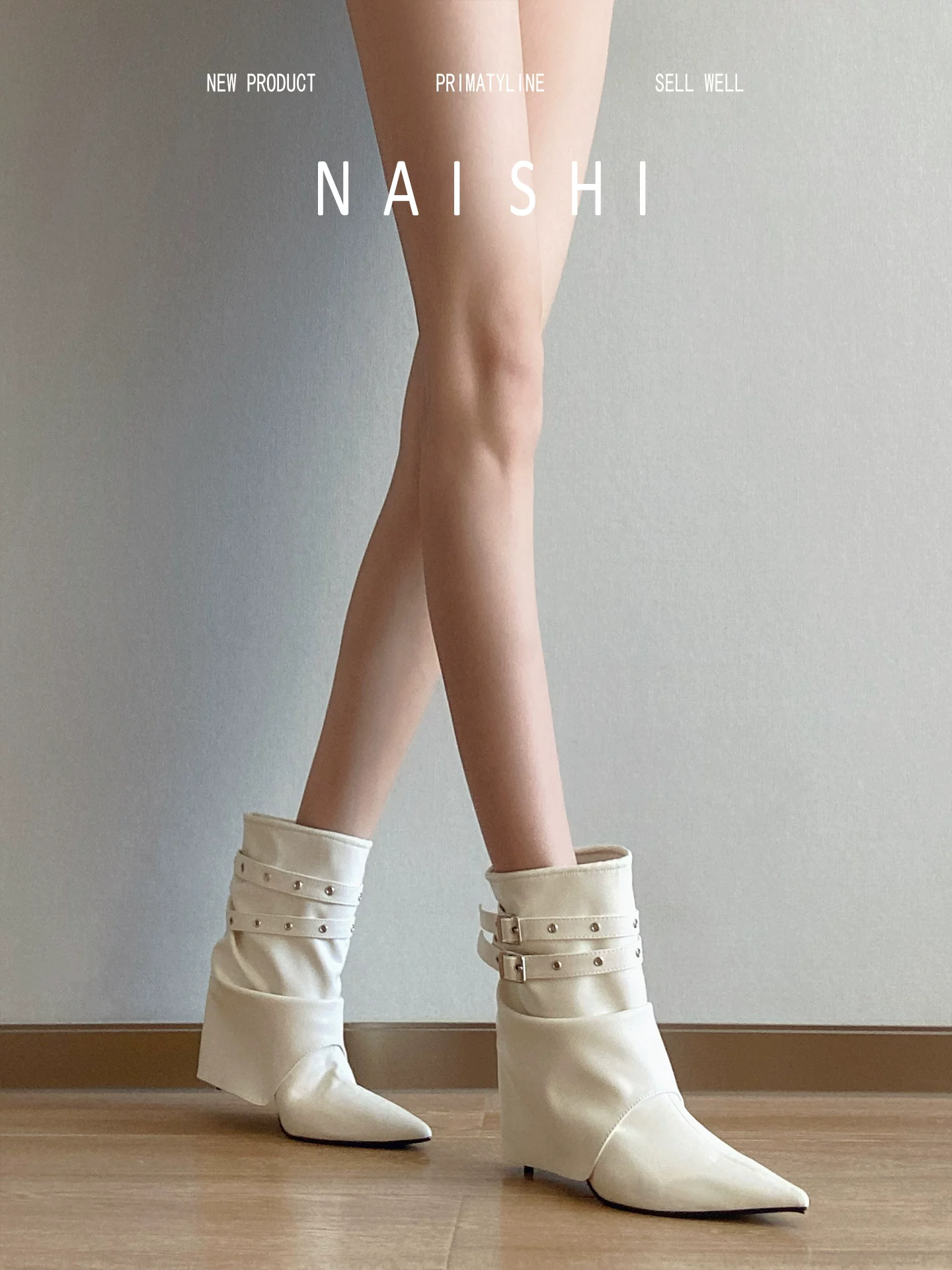 Phiên bản da cừu! Giày bốt cao gót mũi nhọn thời trang mang phong cách Pháp cao cấp, bốt trắng phối dây lưng, bốt cao gót dáng thon.