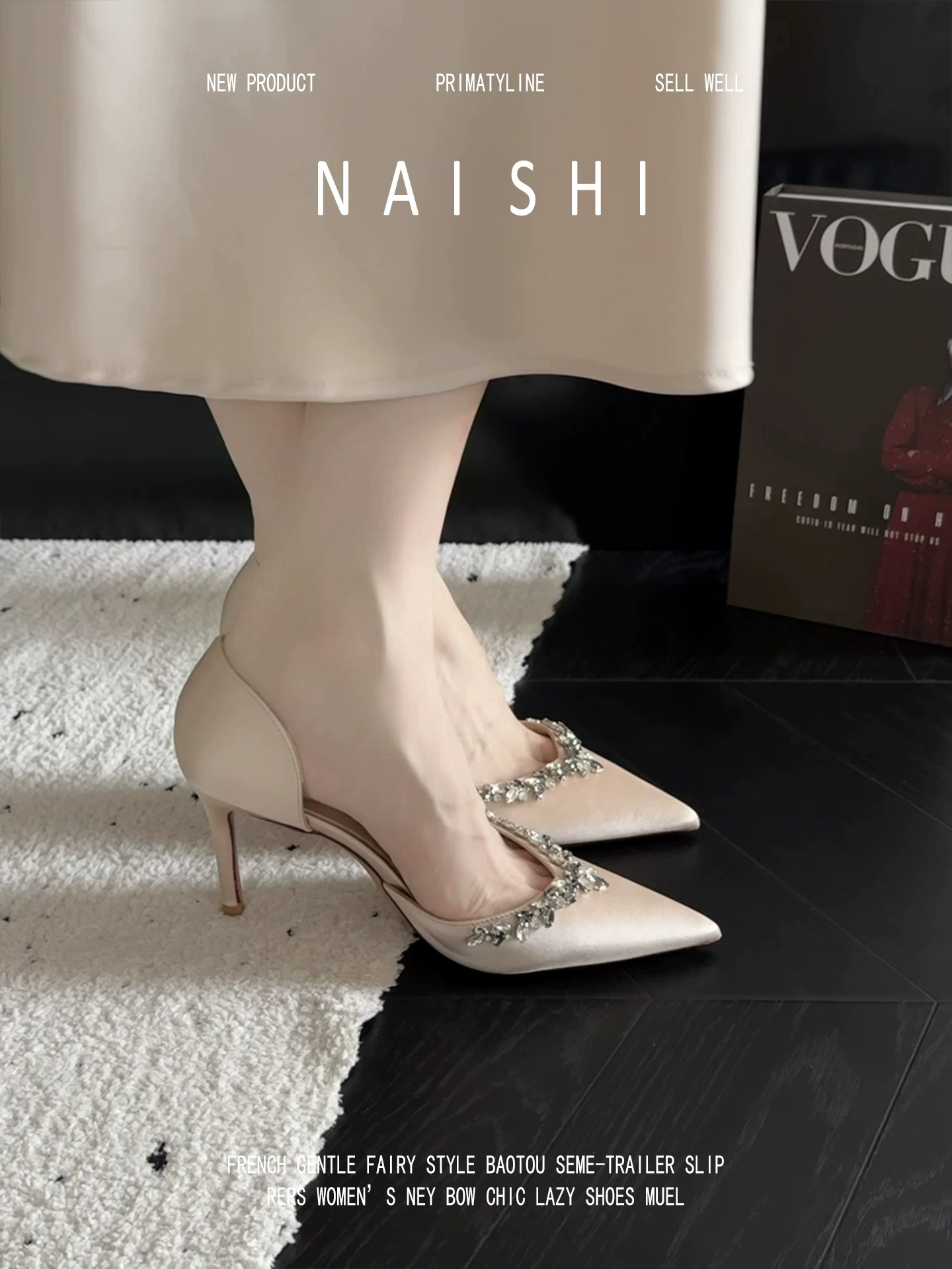 Phiên bản da cừu! Giày cao gót kiểu Pháp bằng satin dành cho nữ, kiểu xỏ ngón, phối chân váy, mũi nhọn đính đá, kiểu cắt bên.