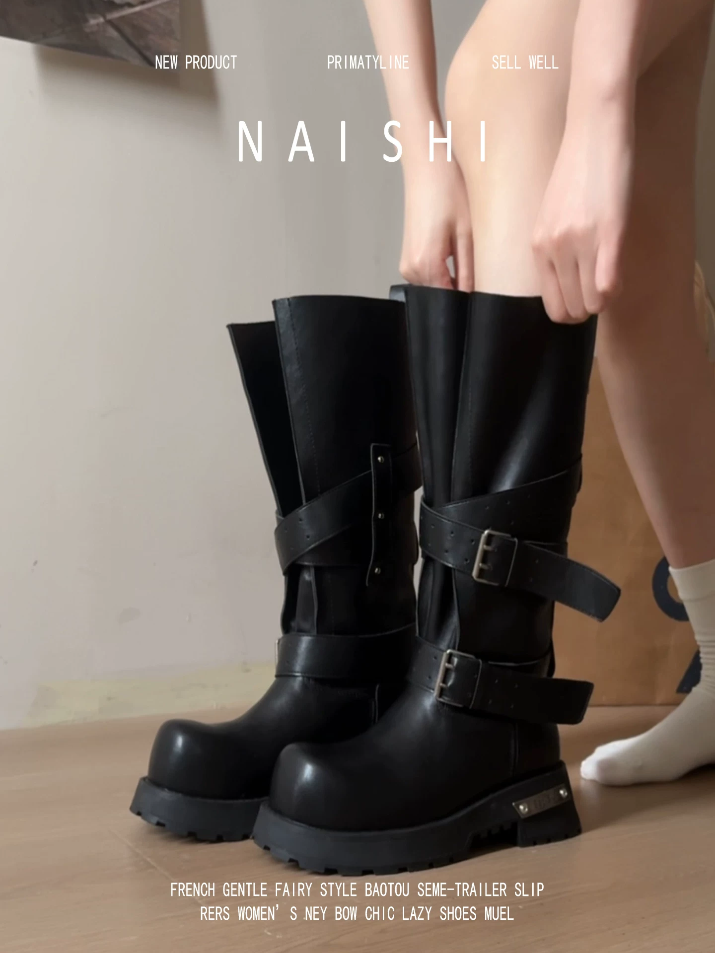 Phiên bản da cừu! Giày bốt hiệp sĩ có khóa thắt lưng cổ điển dành cho nữ, giày bốt Martin mũi tròn dài đa năng, giày cao cổ màu đen phong cách Anh.