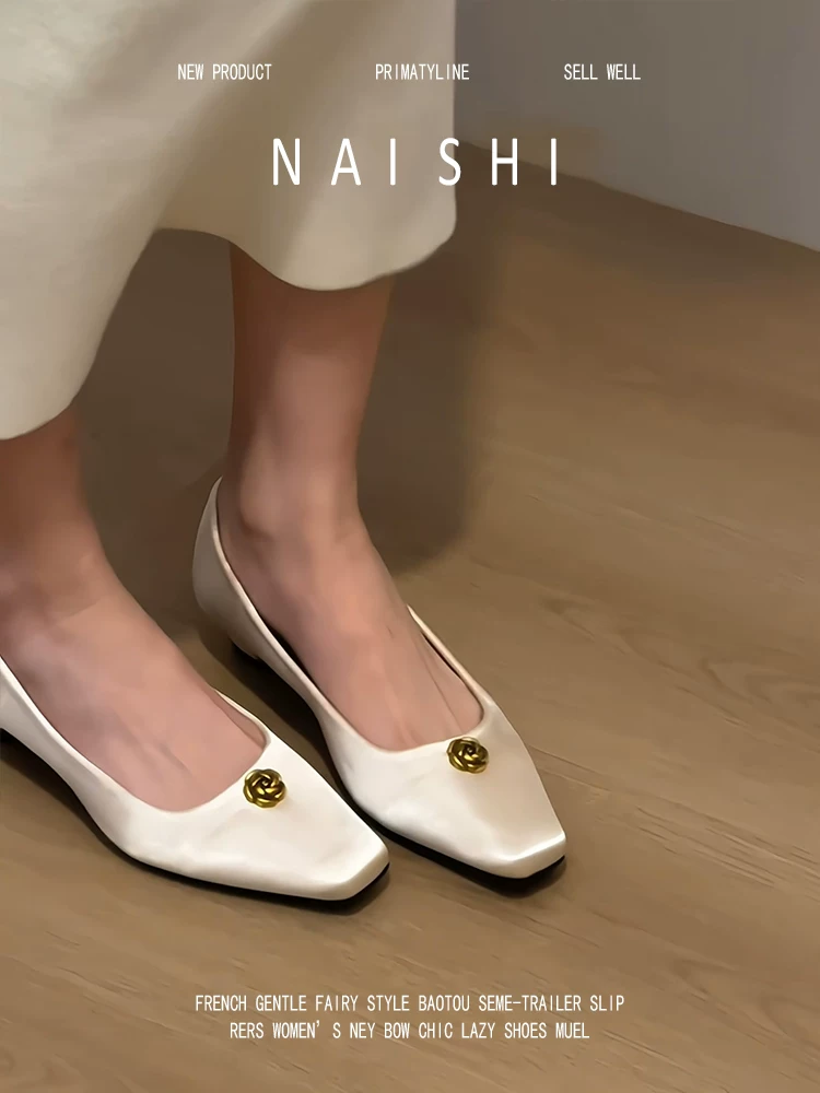 Phiên bản da cừu! Giày Mary Jane bằng vải satin Pháp dành cho nữ, kiểu lười, phong cách Chanel, thanh lịch, tiện lợi khi đi làm, mũi vuông, giày đơn đế thấp.