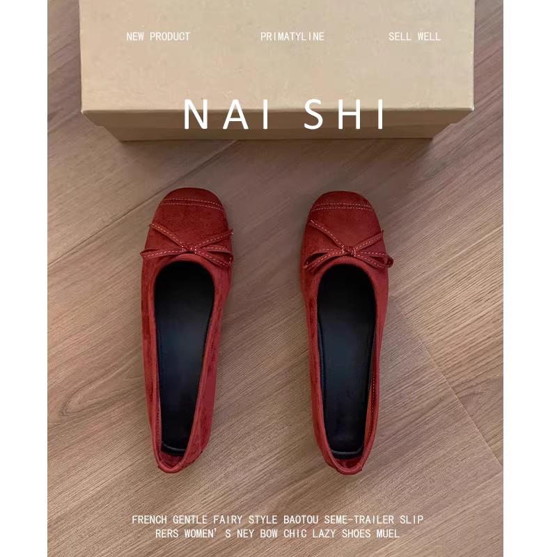 Phiên bản da cừu! Giày bệt màu đỏ dành cho nữ có nơ, phong cách dạ hội cổ điển, giày bệt, mũi vuông, giày bà ngoại miệng nông.