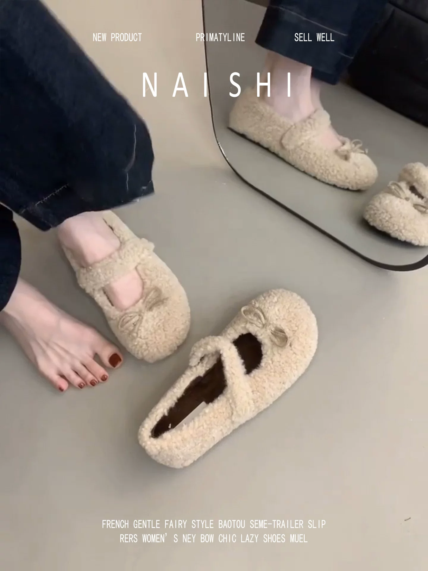 Phiên bản da cừu! Giày lông có nơ ngọt ngào, giày Mary Jane mũi tròn đa năng dành cho nữ, giày cotton lót lông mùa đông, giày lười.