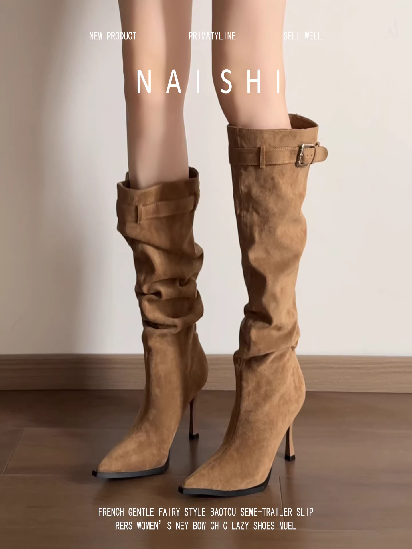 Phiên bản da cừu! Giày bốt xếp ly kiểu Wasteland dành cho nữ có khóa thắt lưng, gót nhọn, bốt cao đến đầu gối, bốt cao gót ôm sát.