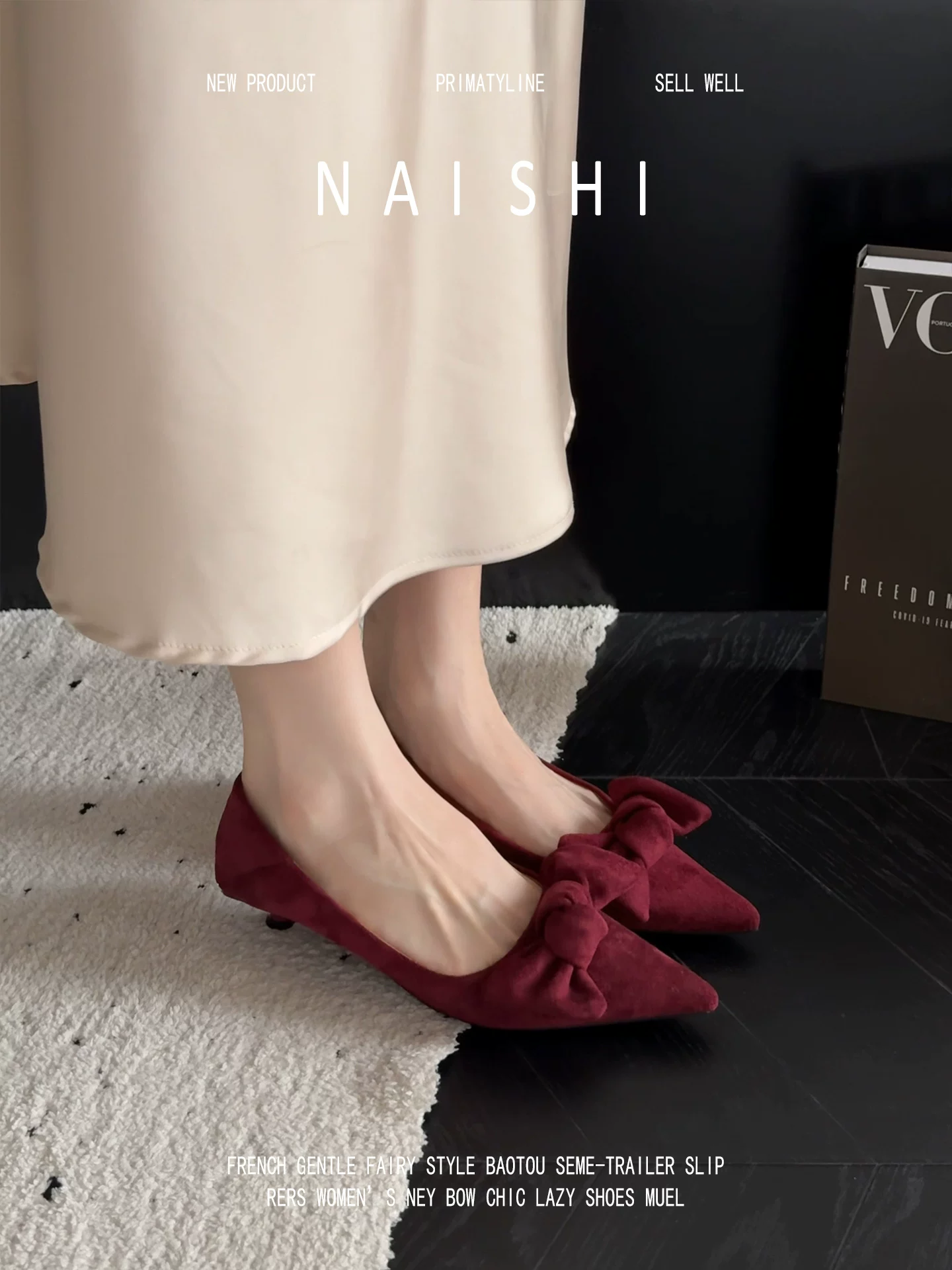 Phiên bản da cừu! Giày cao gót mũi nhọn kiểu cổ điển, phong cách dạ hội Pháp, giày cao gót mũi nhọn màu đỏ da lộn có nơ.