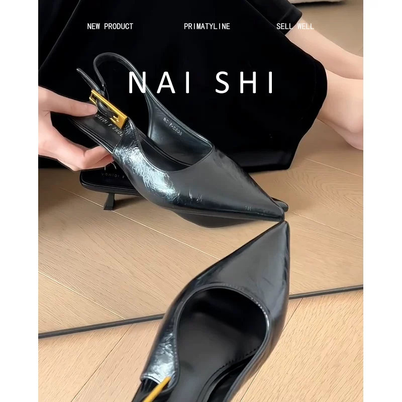 Phiên bản da cừu! Giày sandal mũi kín gót kitten kiểu Pháp dành cho nữ, giày hở lưng có khóa kim loại thời trang, giày cao gót thanh lịch bằng da thật.
