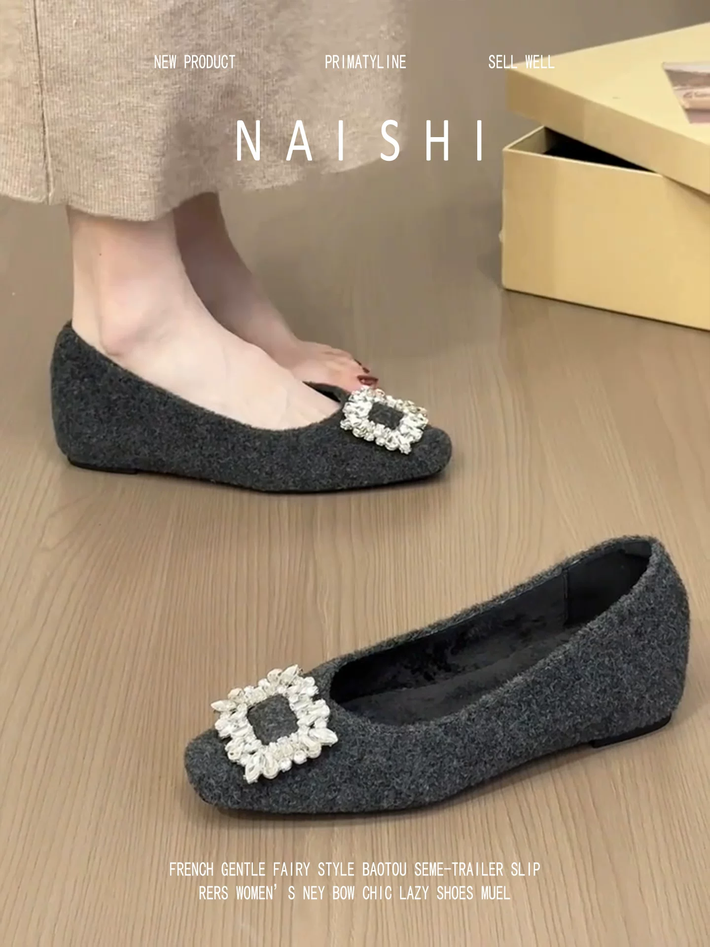 Phiên bản da cừu! Giày Mary Jane len cổ điển dành cho nữ, kiểu lười có khóa vuông đính đá, phong cách dạ hội, giày lười tăng chiều cao.