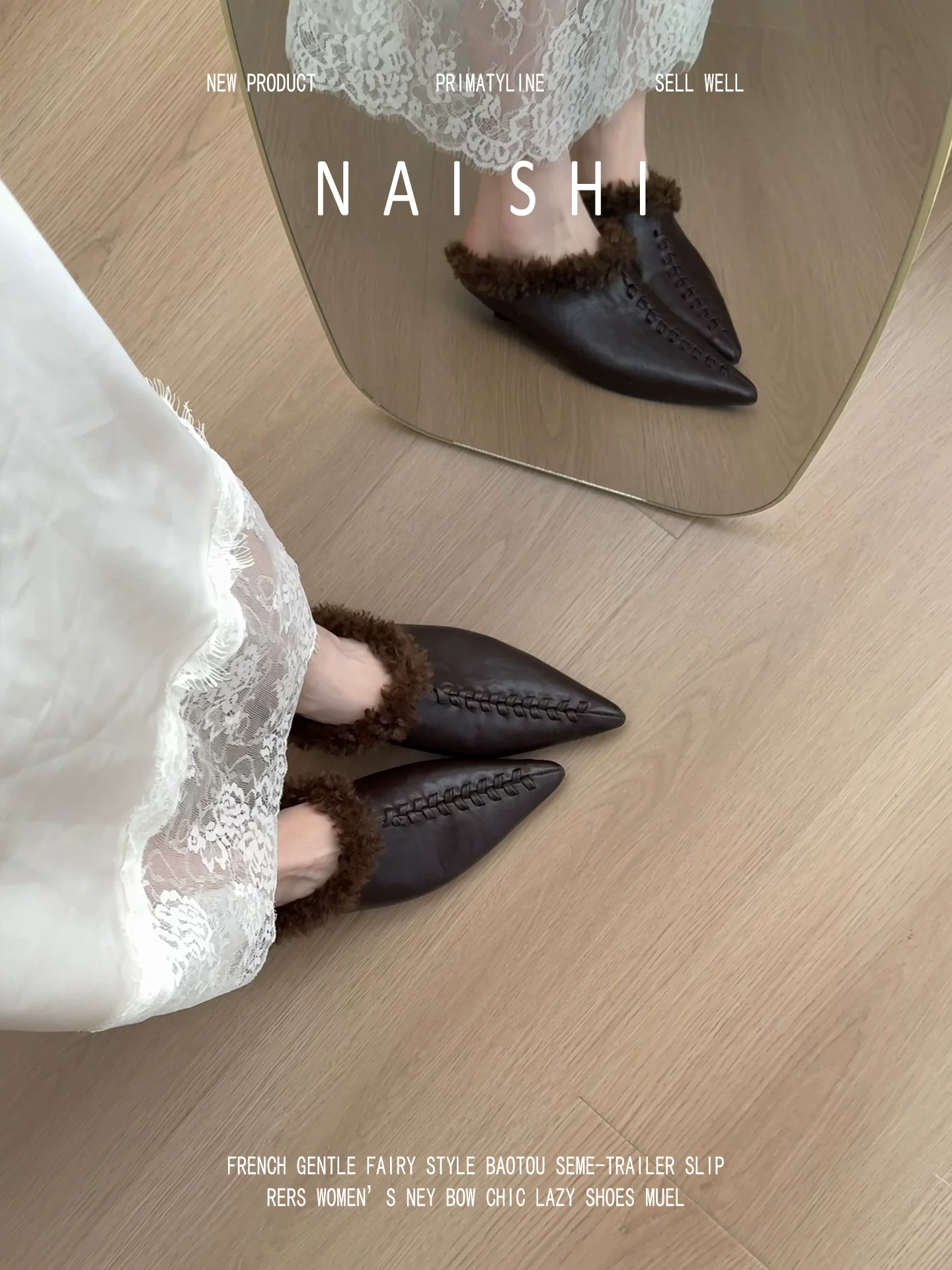 Phiên bản da cừu! Giày lông mũi nhọn, gót đế xuồng, giày mules mũi kín, giày lười da thật cổ điển, giày lông dùng cho ngoài trời.