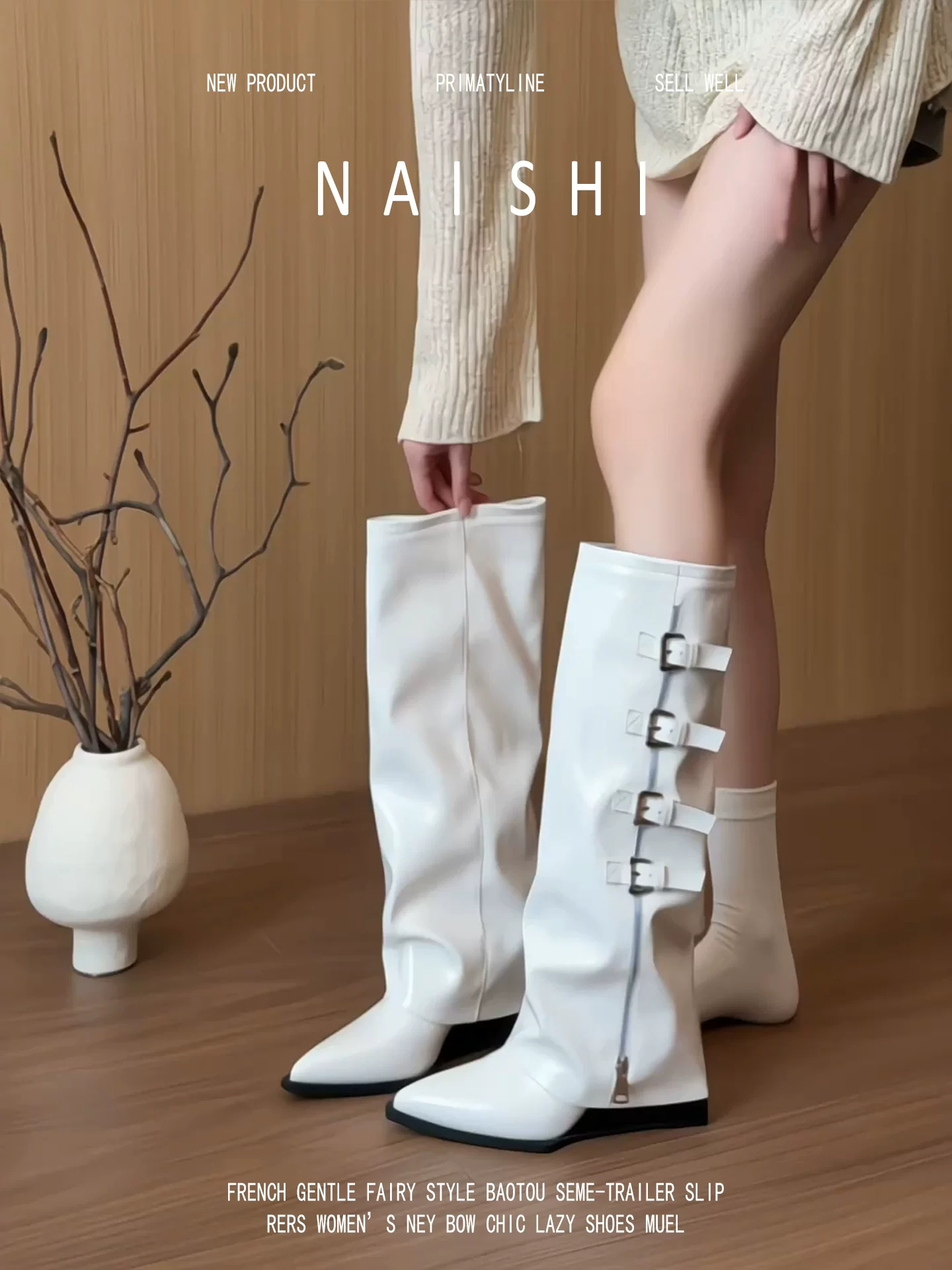 Phiên bản da cừu! Giày bốt cao đến đầu gối kiểu Pháp thanh lịch màu trắng dành cho nữ, có khóa thắt lưng và mũi nhọn.