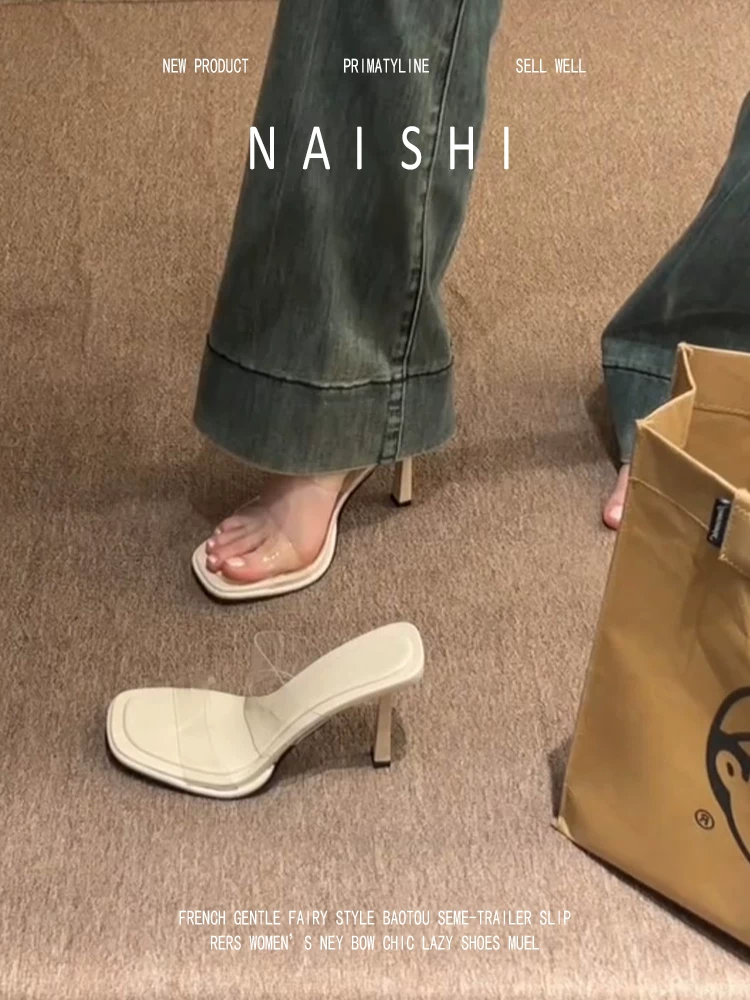 Phiên bản da cừu! Dép quai trong suốt gợi cảm kiểu Pháp, mang lại cảm giác cao cấp, gót nhọn, mũi hở, giày cao gót thanh lịch.