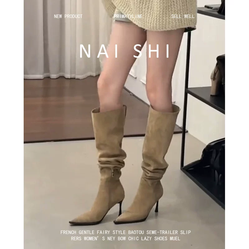 Phiên bản da cừu! Giày bốt cao quá đầu gối dành cho nữ, bốt cao cổ bằng da lộn mùa thu đông, bốt thun, bốt mũi nhọn ôm dáng, gót nhọn, kiểu dáng hai chiều, bốt xếp lớp.