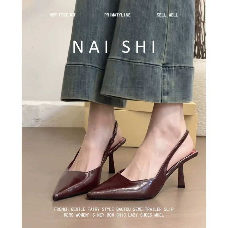Phiên bản da cừu! Dép sandal nữ kiểu cổ điển, quai đơn, mũi nhọn nông, gót cao, kiểu Pháp.
