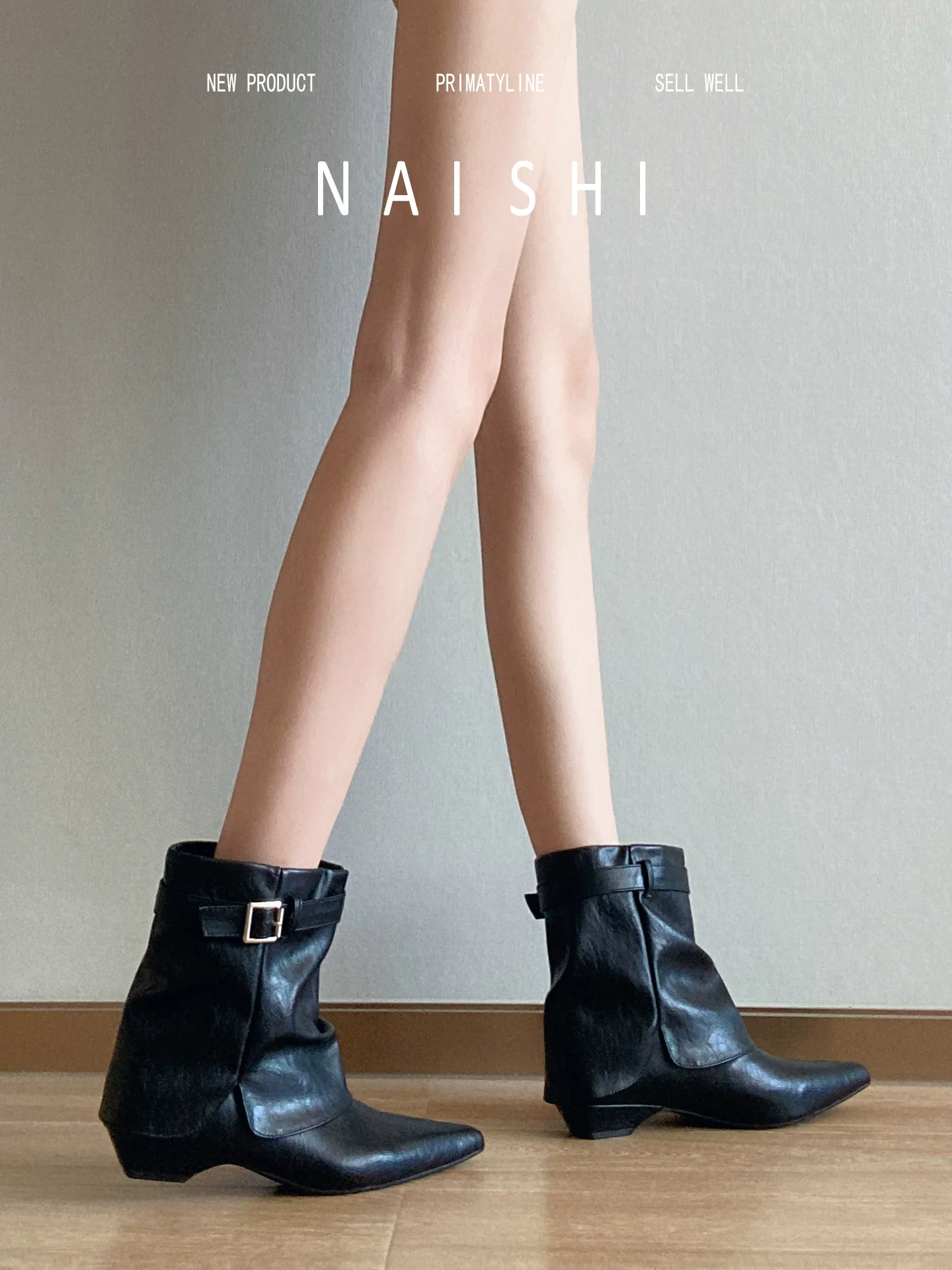 Phiên bản da cừu! Giày bốt nữ màu đen, mũi nhọn, gót wedge, bốt ngắn, bốt Martin xếp lớp, bốt cưỡi ngựa có khóa thắt lưng phong cách hot girl.