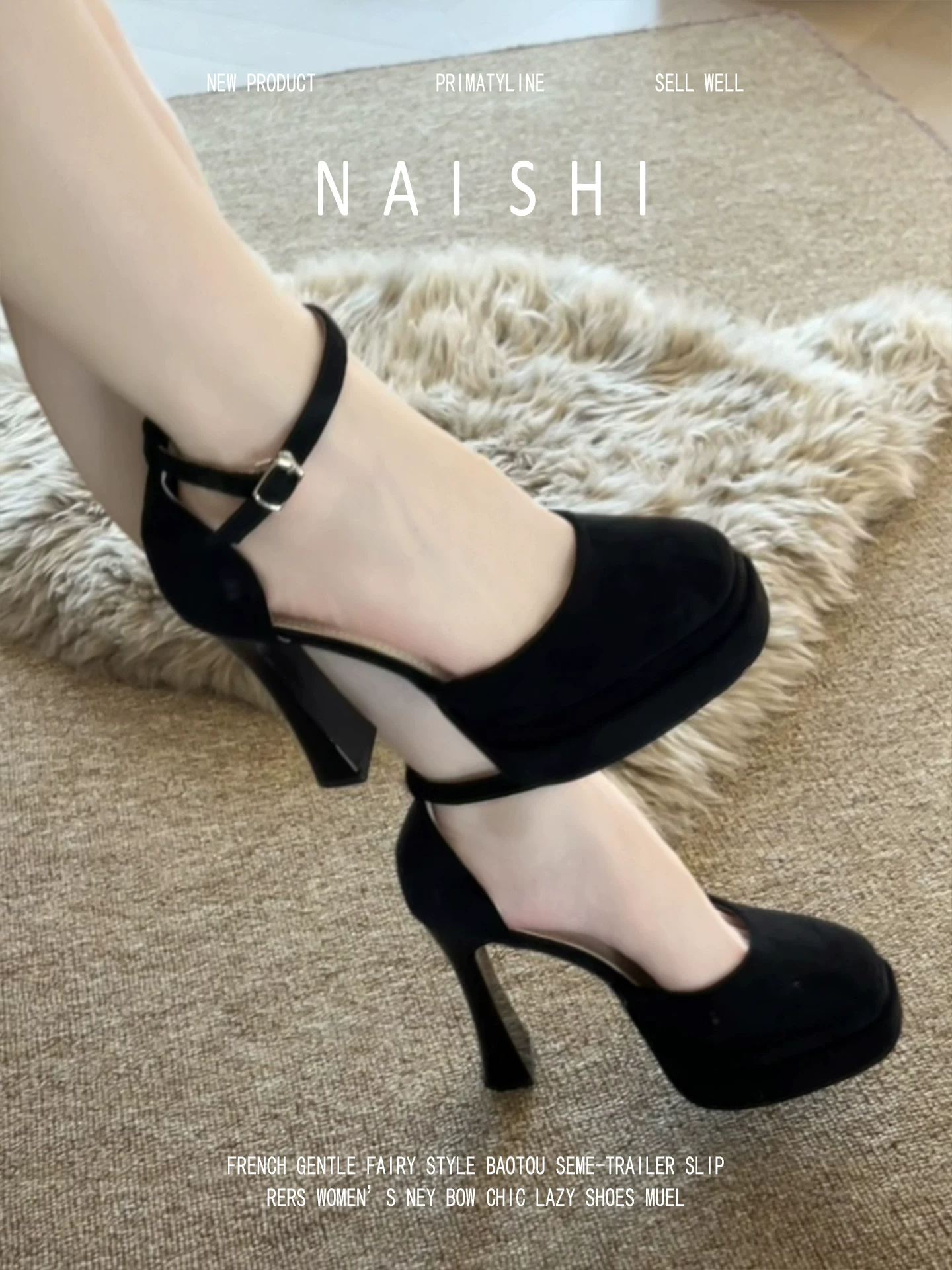 Phiên bản da cừu! Giày cao gót quai mảnh màu đen kiểu Pháp dành cho người nhỏ nhắn, dép đế xuồng kín mũi chống thấm nước với gót dày rỗng.