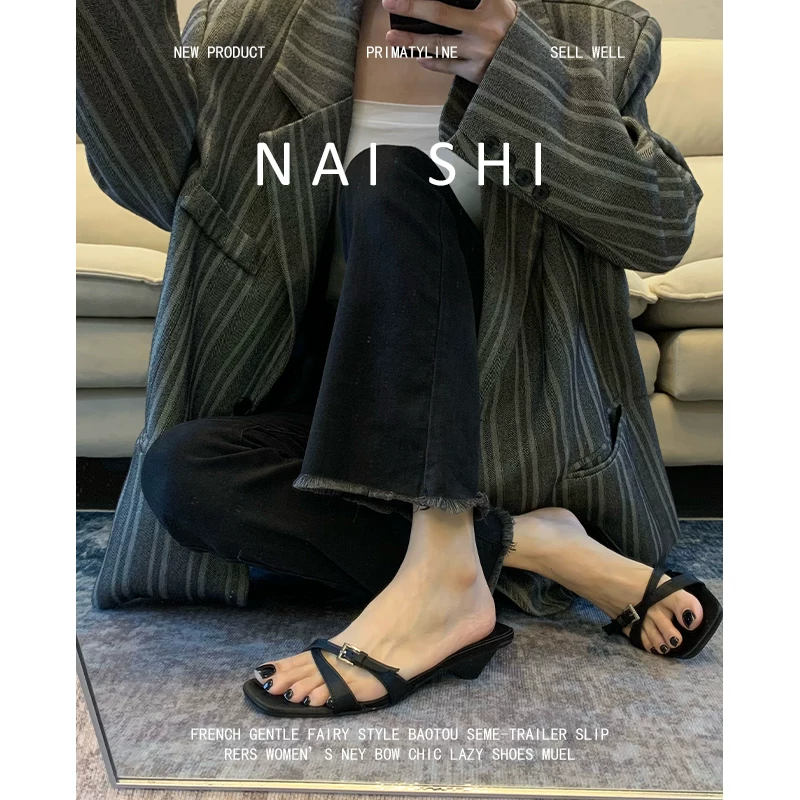 Phiên bản da cừu! Dép sandal mùa hè kiểu Pháp thanh lịch dành cho nữ, mũi vuông, hở mũi, kiểu xỏ ngón, quai mảnh, không gót, sandal gót thấp.