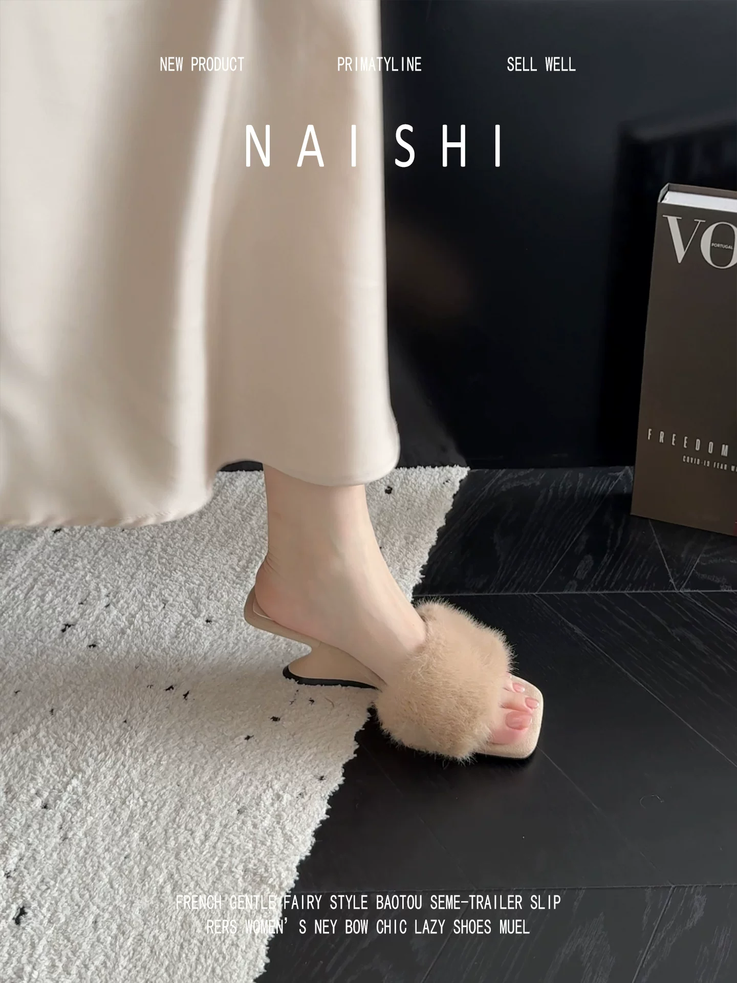 Phiên bản da cừu! Dép lê cao cấp kiểu Pháp dành cho nữ, dép lông có gót vuông, giày cao gót lông mềm kiểu tiên nữ.