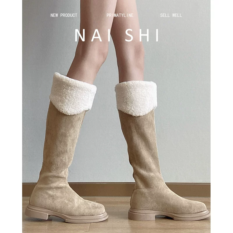 Phiên bản da cừu! Giày bốt dài đi tuyết có lông cừu, giày bốt cotton ấm áp dành cho nữ, giày bốt dài lót lông cừu mùa đông, giày bốt dáng ôm cổ điển.