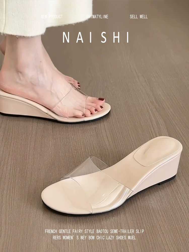Phiên bản da cừu! Dép cao gót đế xuồng kiểu Pháp dành cho nữ, hở mũi, thích hợp để phối với váy, dép quai trong suốt dễ mang khi đi ngoài trời.