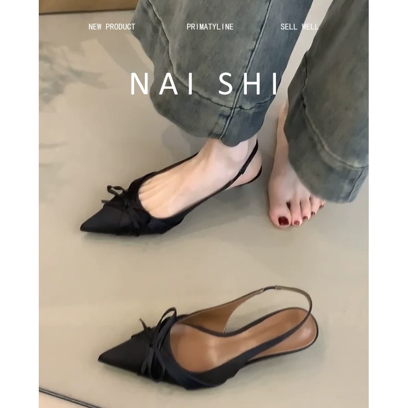 Phiên bản da cừu! Giày cao gót mũi nhọn kiểu Pháp dành cho nữ, có dây quai sau, nơ satin, gót thấp, kiểu sandal kín mũi.