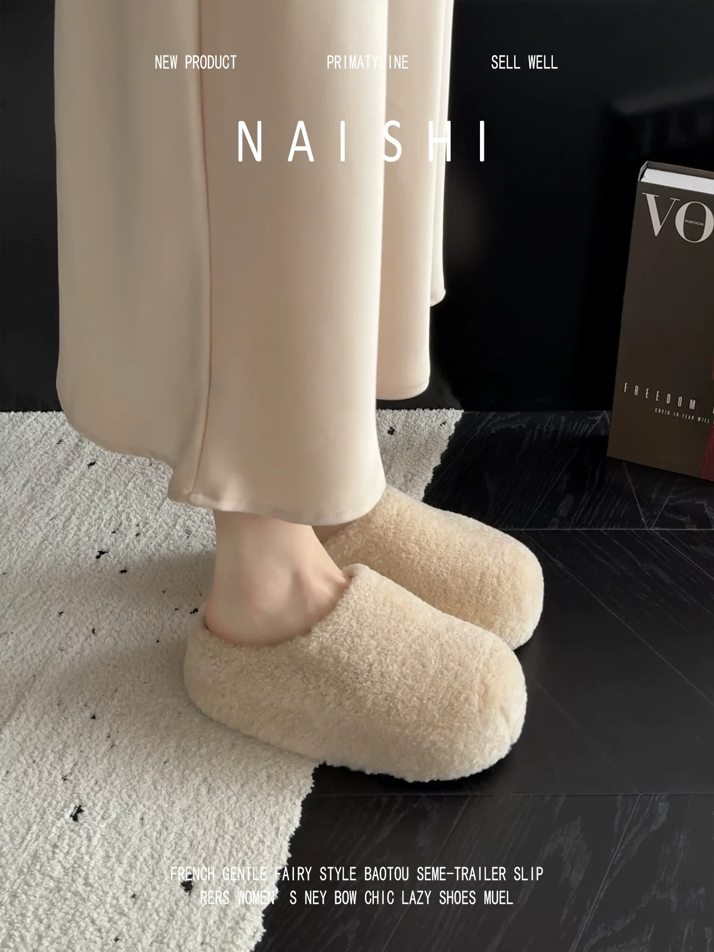Phiên bản da cừu! Giày lông mềm, giày lười không dây, dép nửa kín mũi đế xuồng, dép bông giữ ấm đế dày tăng chiều cao.