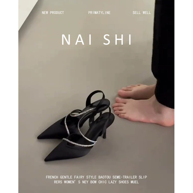 Phiên bản da cừu! Dép sandal nữ kiểu Pháp thanh lịch, mũi kín, quai đính đá, giày cao gót dự tiệc, giày mũi nhọn.