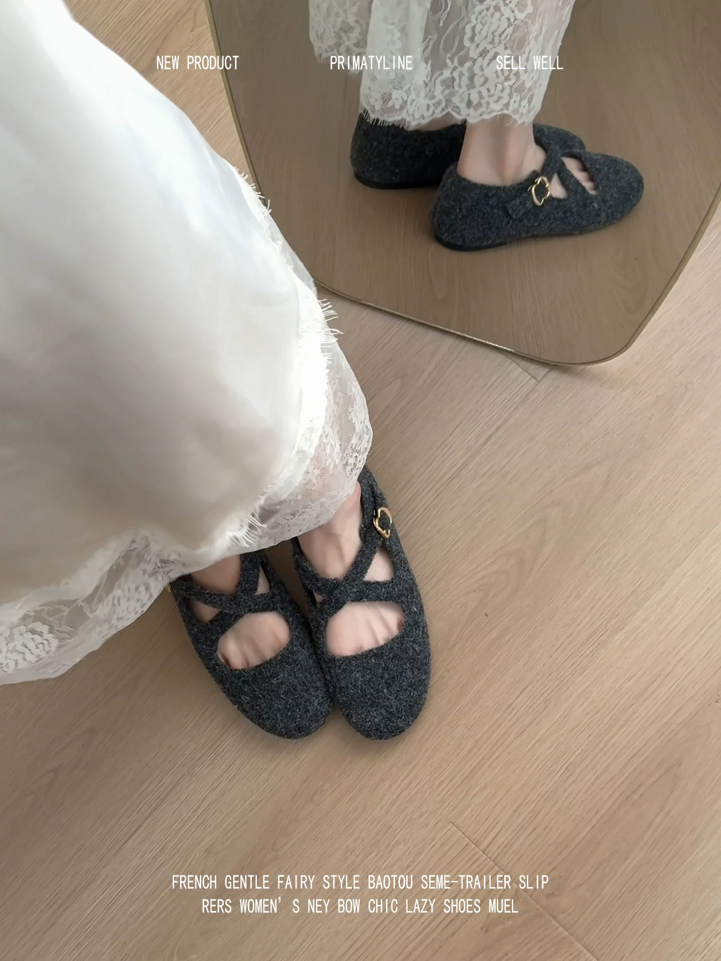 Phiên bản da cừu! Giày lông tròn mũi tròn kiểu retro, dây đeo chéo, giày cotton lót lông cừu ấm áp, giày Mary Janes len màu xám đa năng.