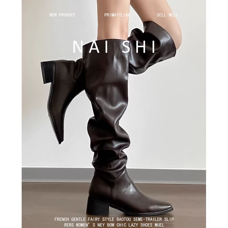 Phiên bản da cừu! Bốt cao cổ màu nâu cổ điển dành cho nữ, gót dày, mũi vuông, kiểu bốt cao bồi miền Tây, bốt cưỡi ngựa ống rộng.