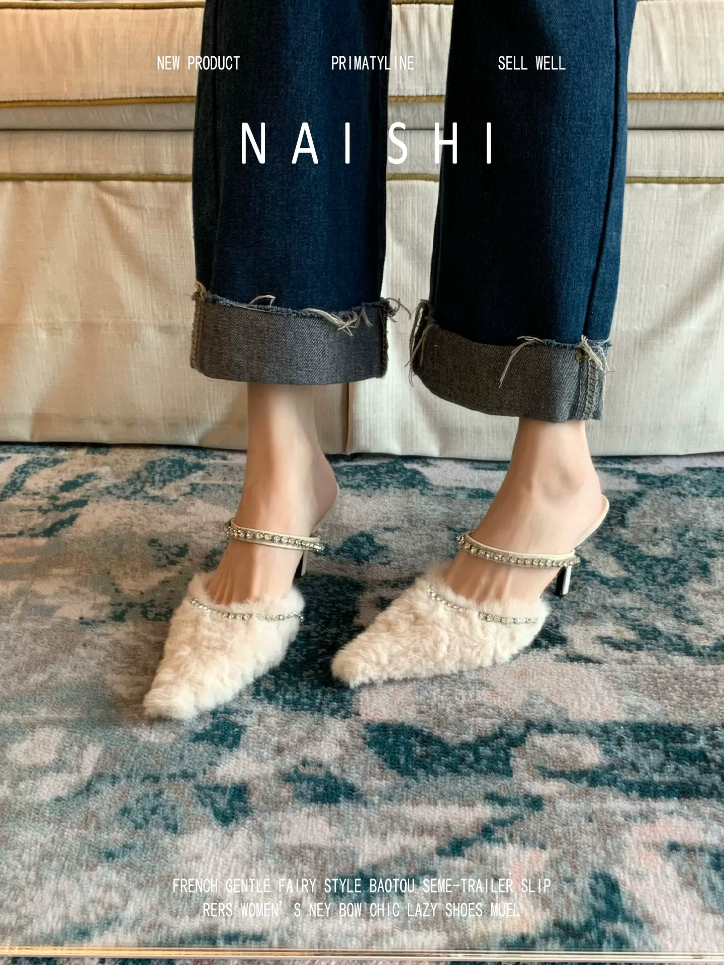 Phiên bản da cừu! Giày cao gót đính đá phong cách Pháp, quai đơn, phối cùng váy, dép kín mũi, dép lông phong cách tiên nữ.