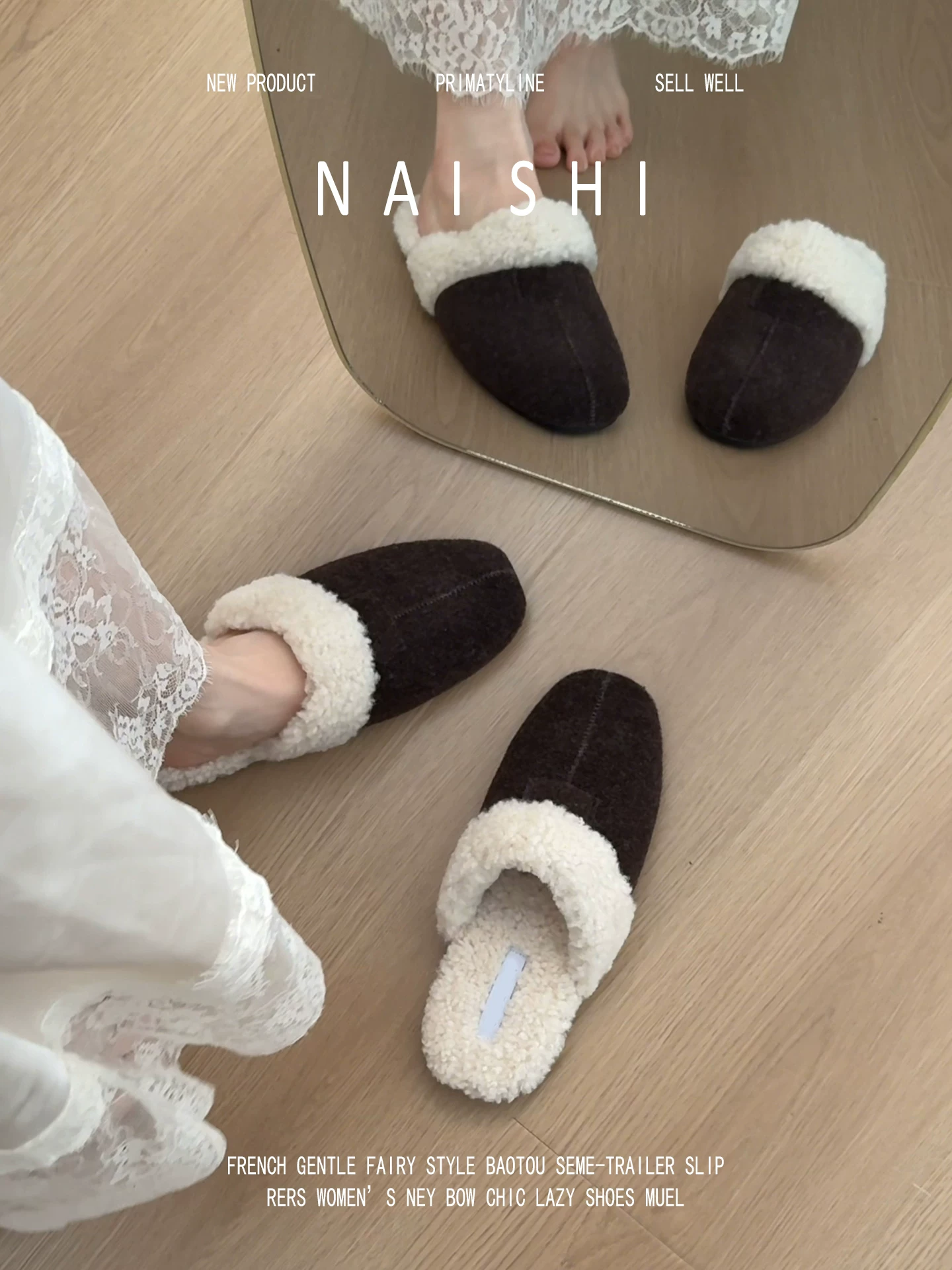 Phiên bản da cừu! Dép lê kiểu Hàn Quốc, mũi kín, nửa dép, lót lông cừu, dép lông mềm mại dành cho nữ.