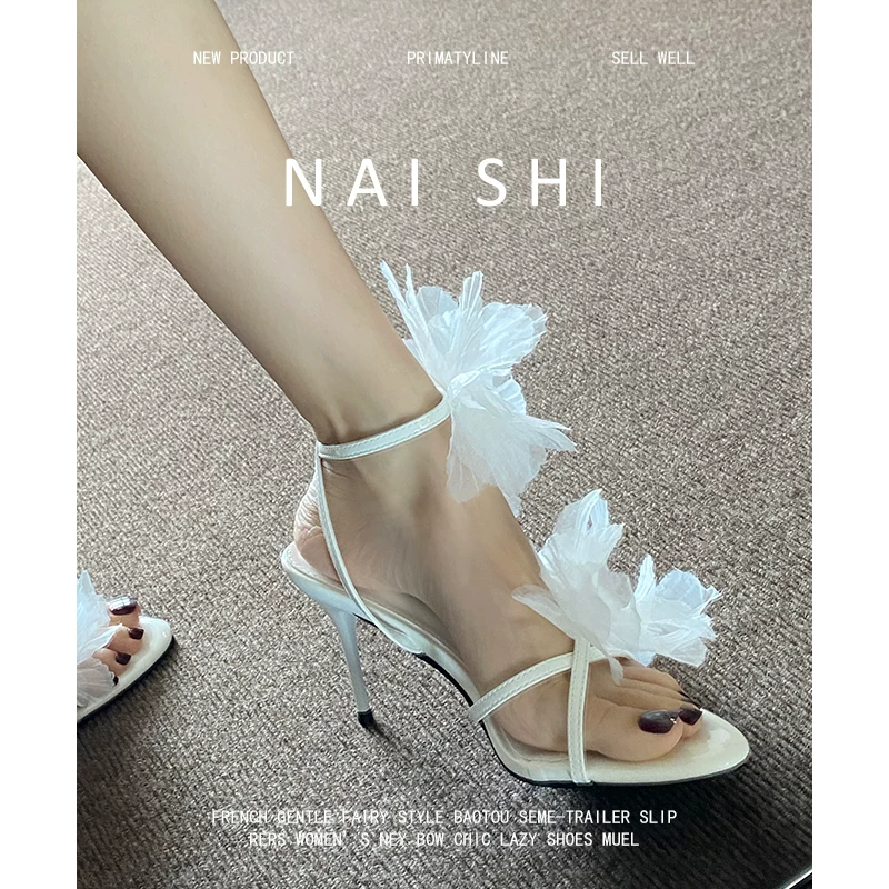 Phiên bản da cừu! Giày cao gót mũi nhọn kiểu tiên nữ hoa, dành cho nữ, dép quai ngang mùa hè kiểu Pháp phối đồ.